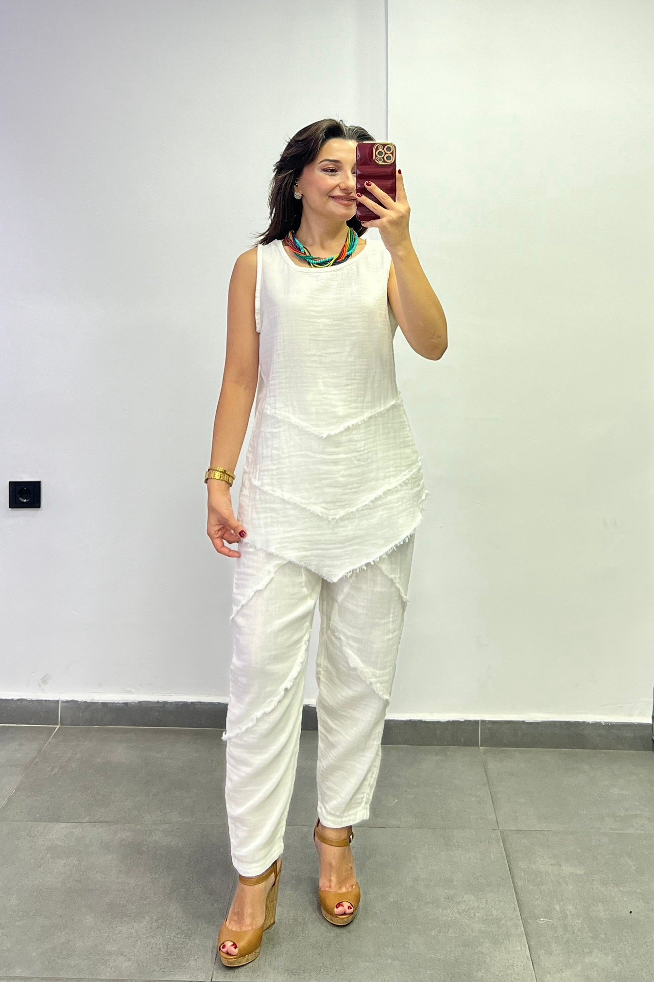 Beli Lastikli Cep Ve Dikiş Detaylı Müslin Kumaş Pantolon - BEYAZ