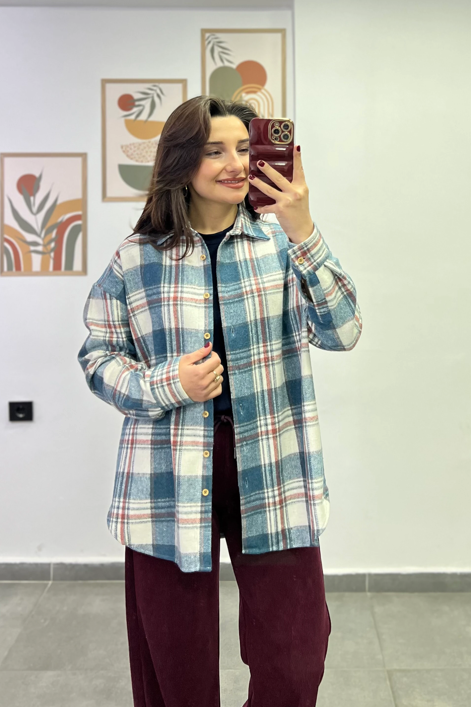 Ekoseli Önü Kısa Arkası Uzun Oduncu Gömlek - MAVI