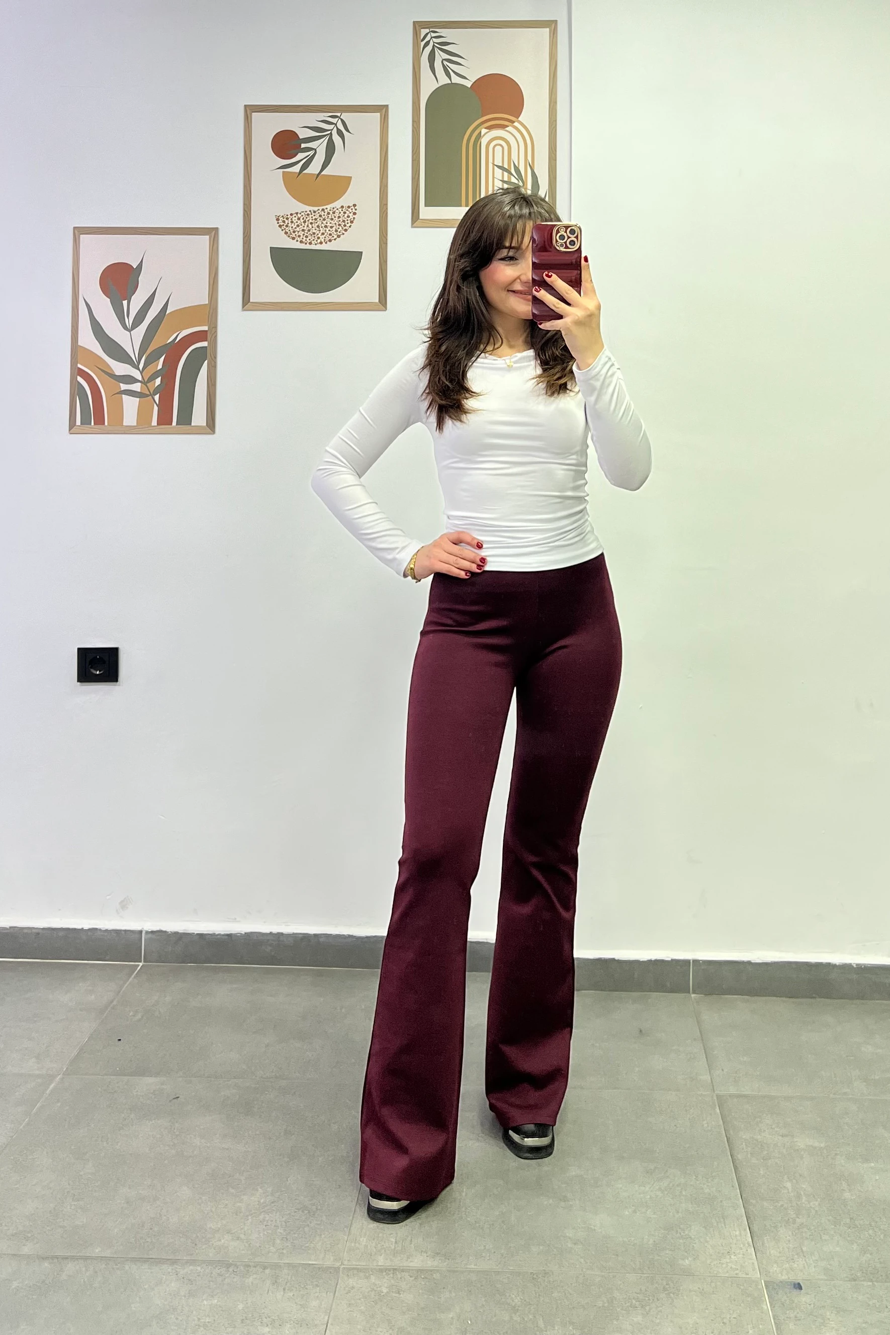 Yüksek Bel Çelik Örme İspanyol Paça  Tayt Pantolon - BORDO