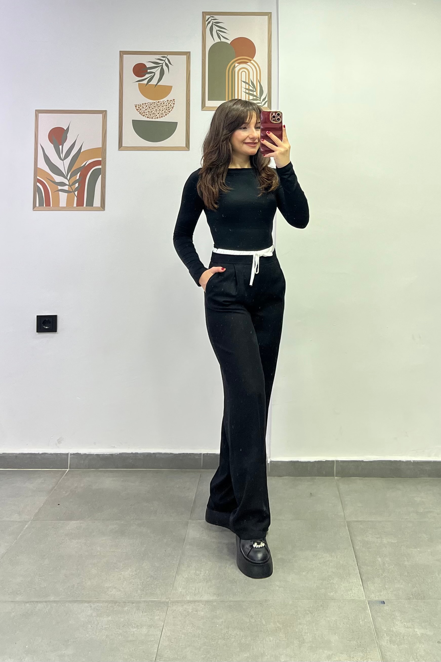 Bel Kısmı Lastikli Çift Kemer Detaylı Cepli Palazzo Kumaş Pantolon - BEJ