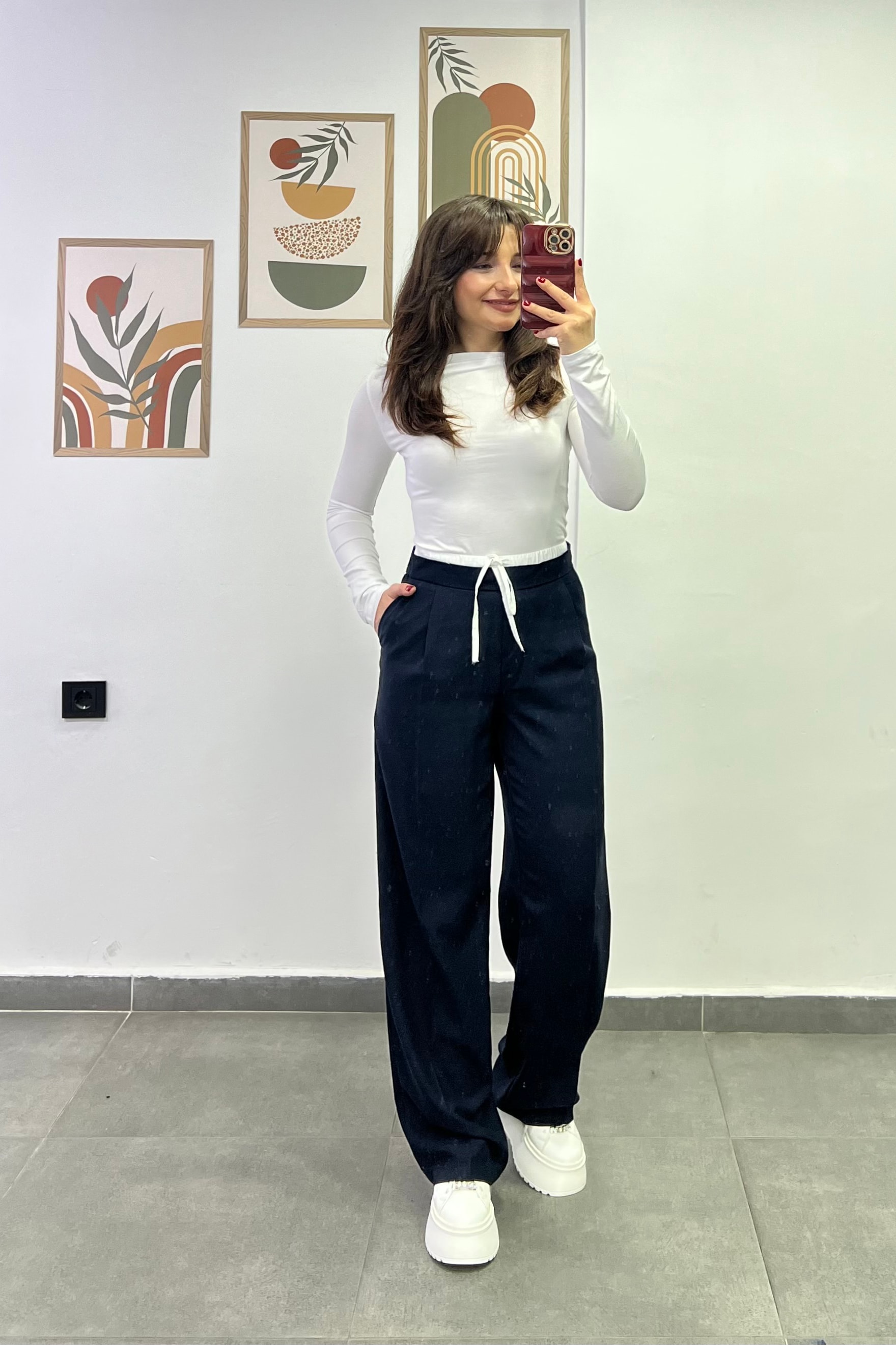 Bel Kısmı Lastikli Çift Kemer Detaylı Cepli Palazzo Kumaş Pantolon - LACIVERT