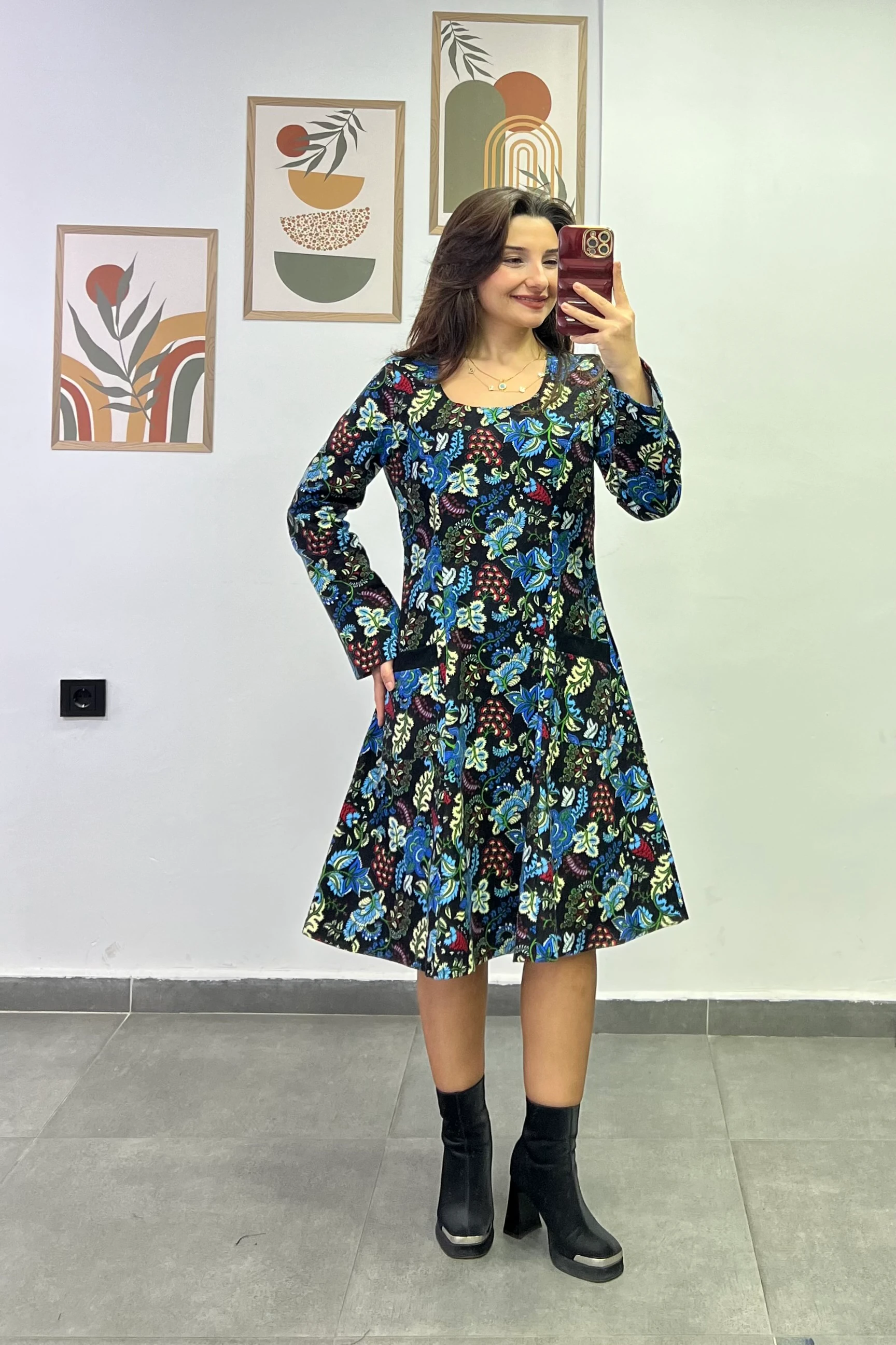 Oval Yaka Yanları Cep Detaylı Pazen Kumaş Çan Ebise - SİYAH MAVİ