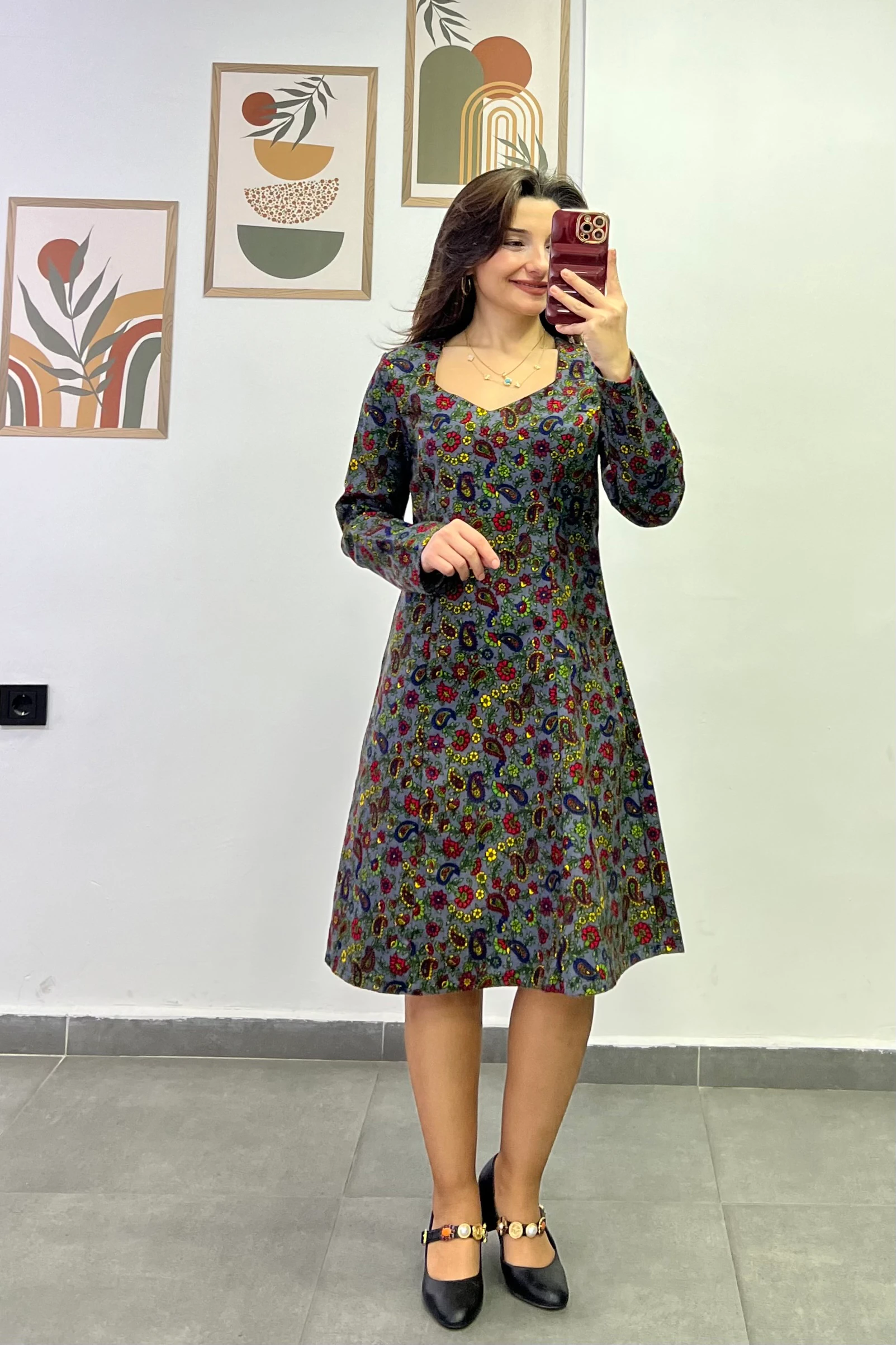 Roma Yaka Arkası Fermuarlı Pazen Kumaş Elbise  - ANTRASIT