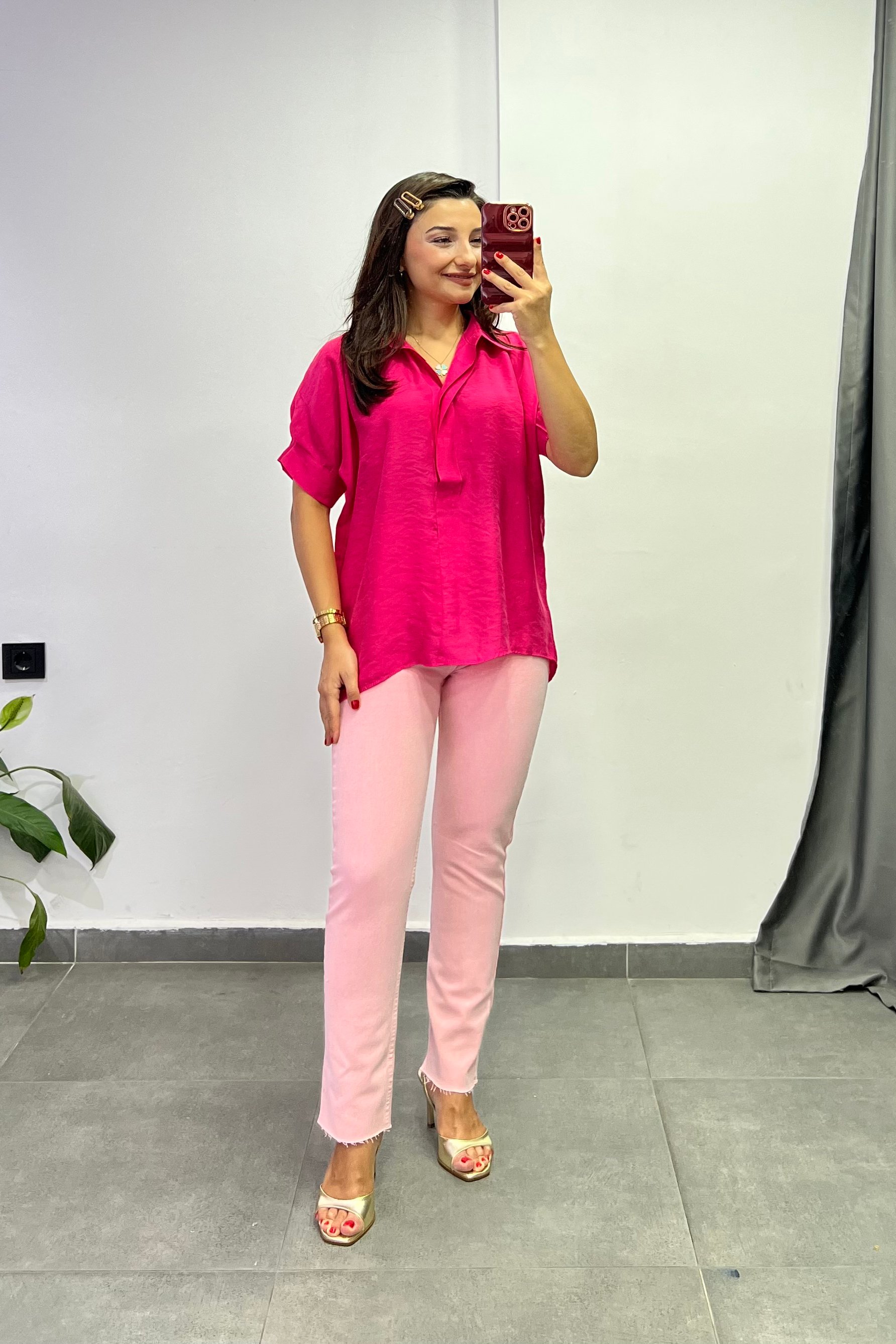 Kolu Pens Detaylı Sırtı Düğmeli Bluz - PEMBE