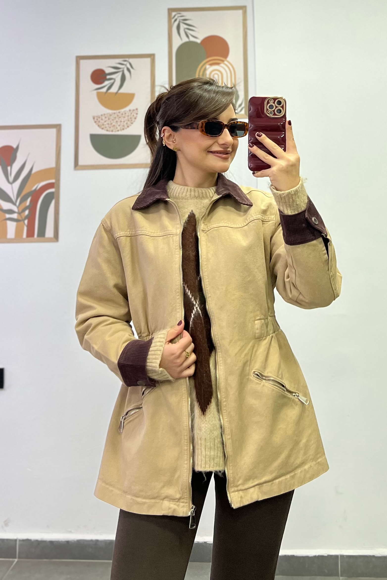 Yakası Ve Kolları Fitilli Kadife Beli Lastik Detaylı  - CAMEL