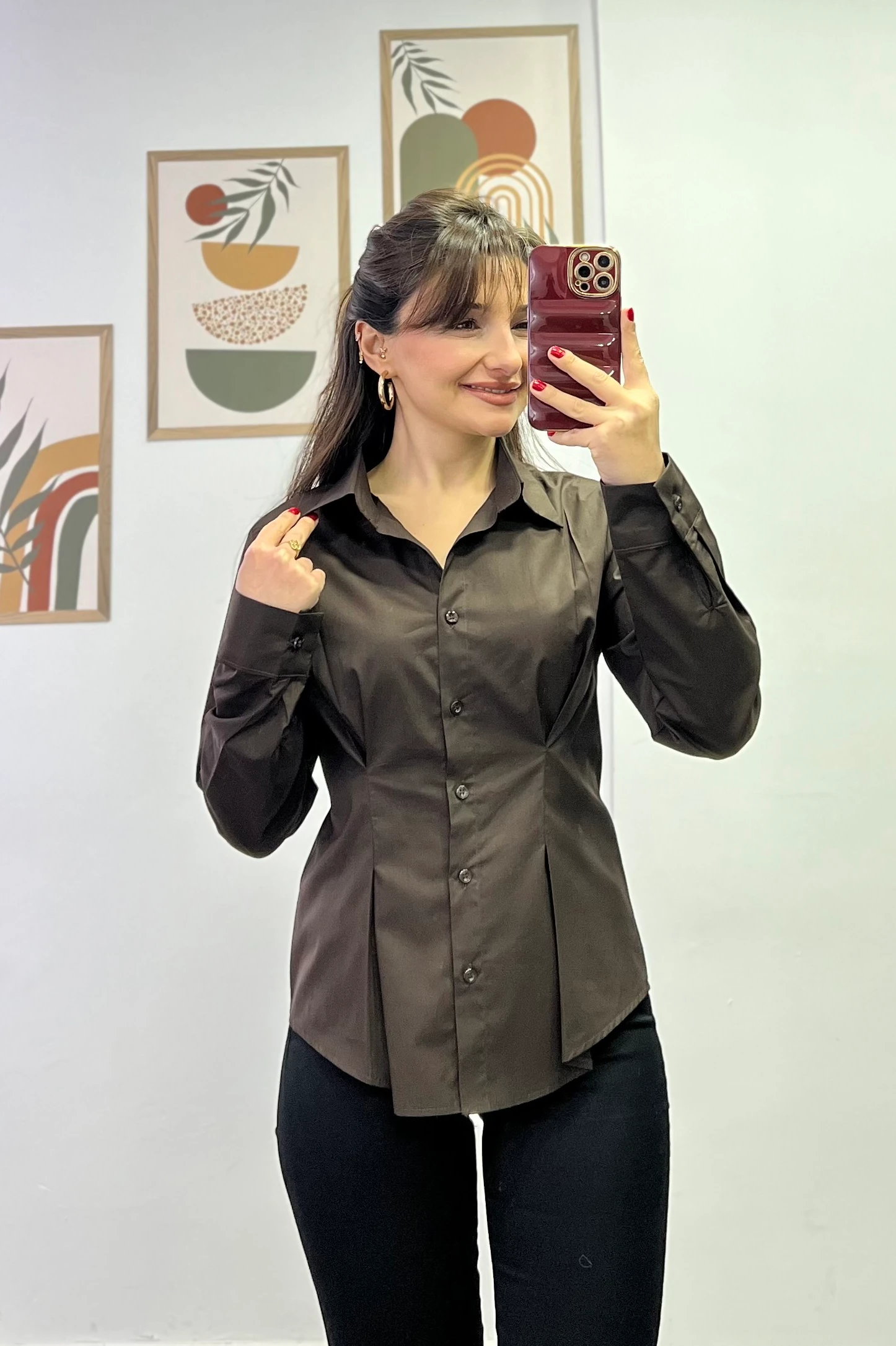 Ön Ve Arka Kısmı Pens Detaylı Gömlek - KAHVERENGİ