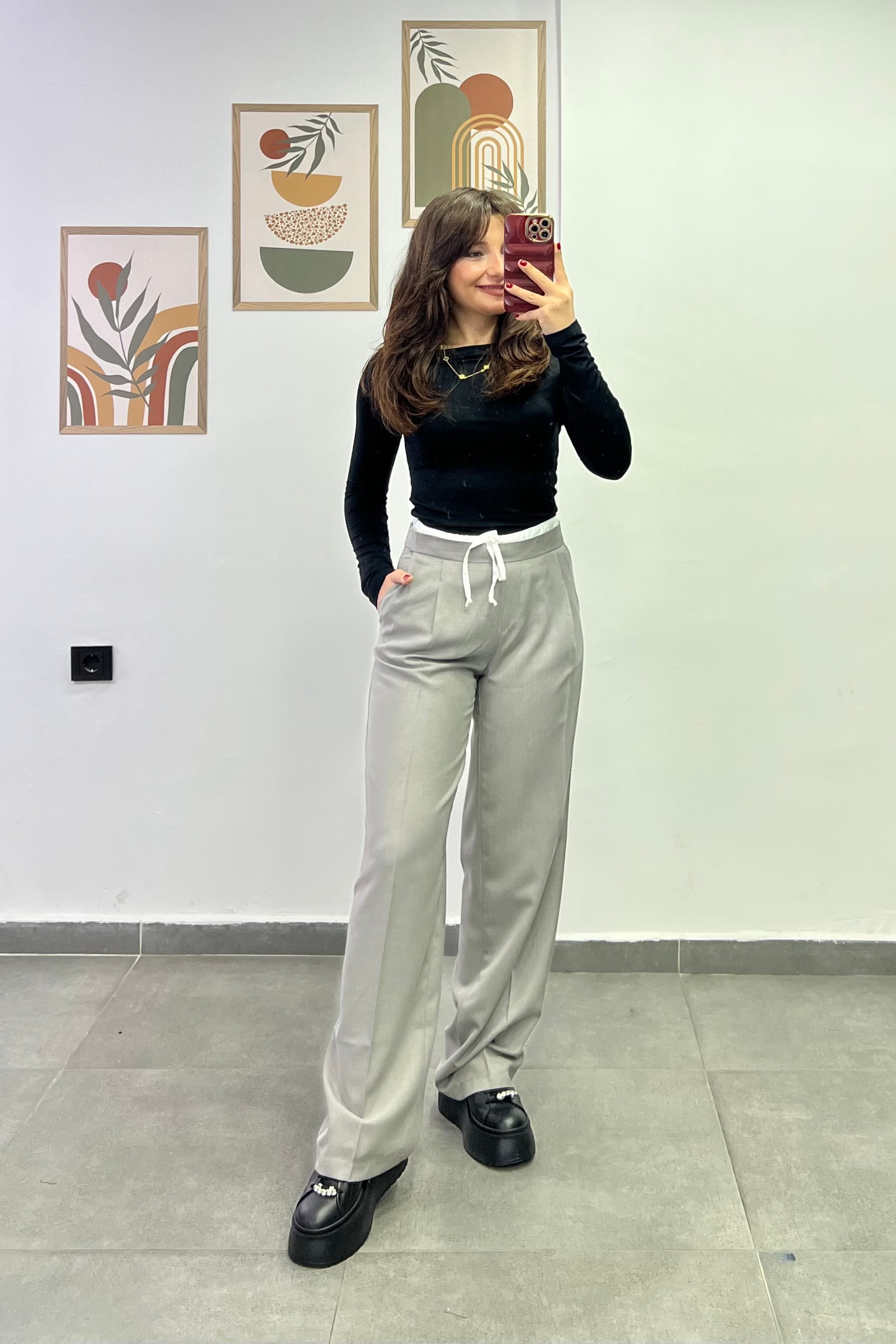 Bel Kısmı Lastikli Çift Kemer Detaylı Cepli Palazzo Kumaş Pantolon - GRİ