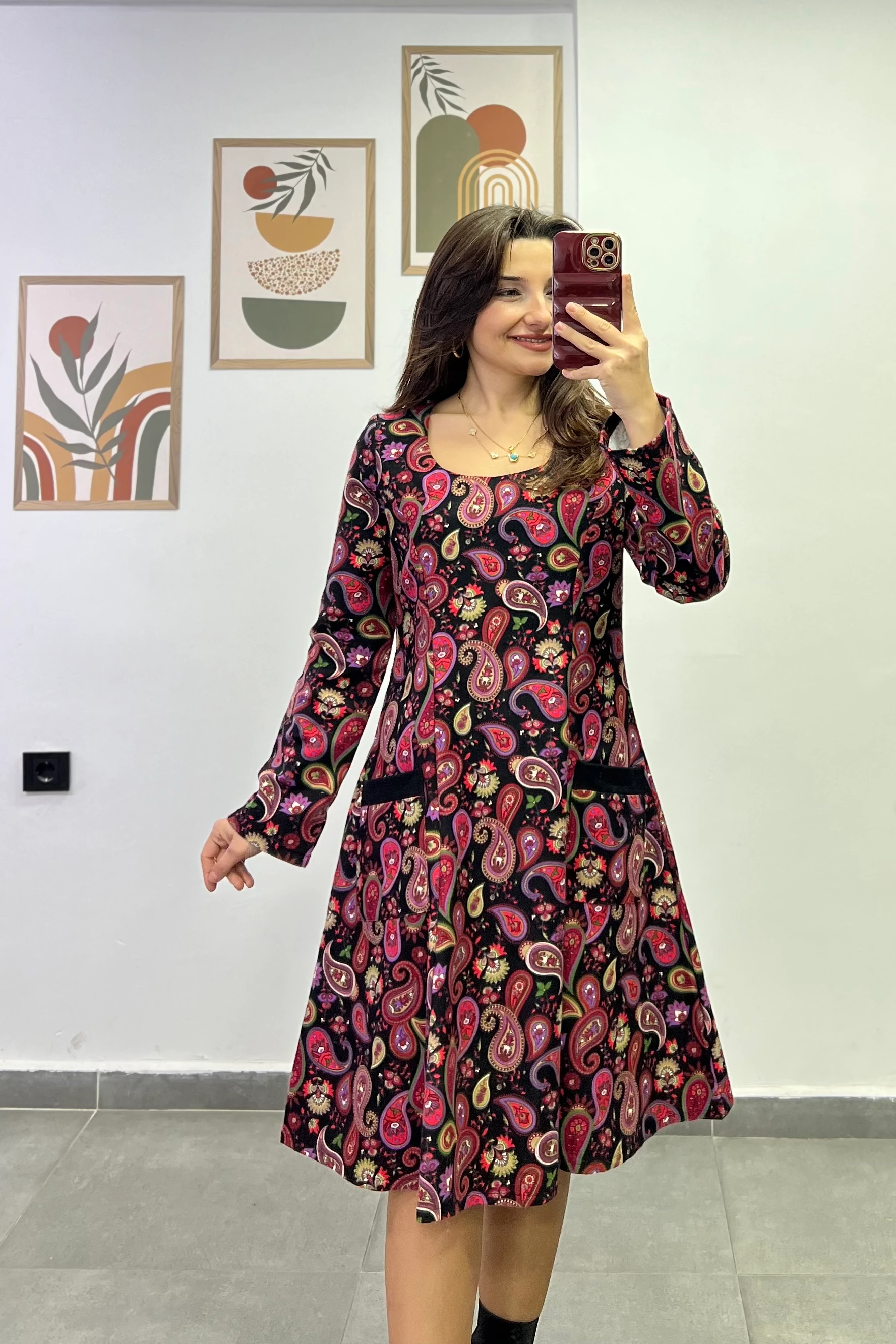 Oval Yaka Yanları Cep Detaylı Pazen Kumaş Çan Ebise - SİYAH MOR