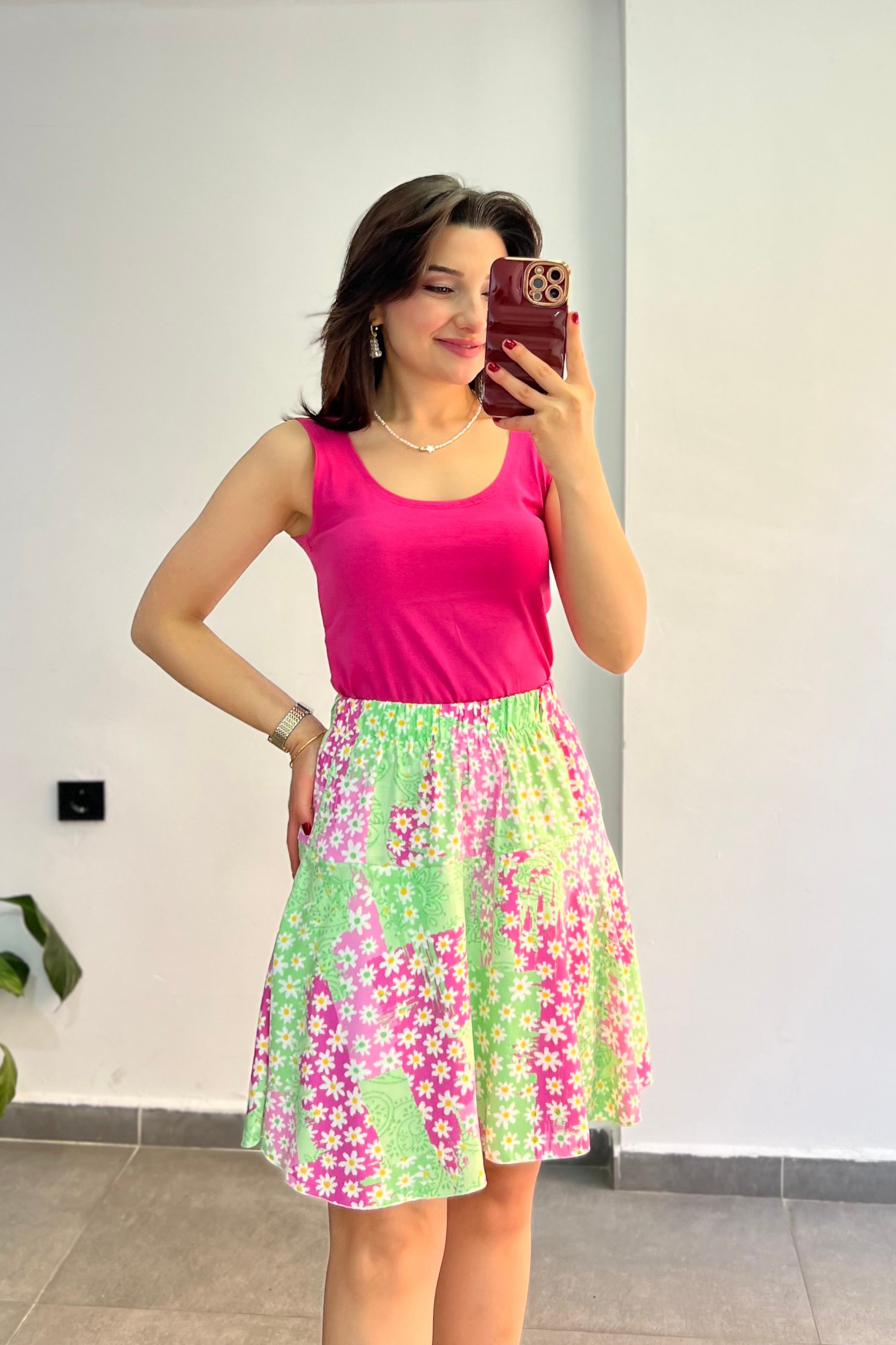 Desenli Viscon Kumaş İçi Şortlu Etek - PEMBE YEŞİL ÇİÇEKLİ