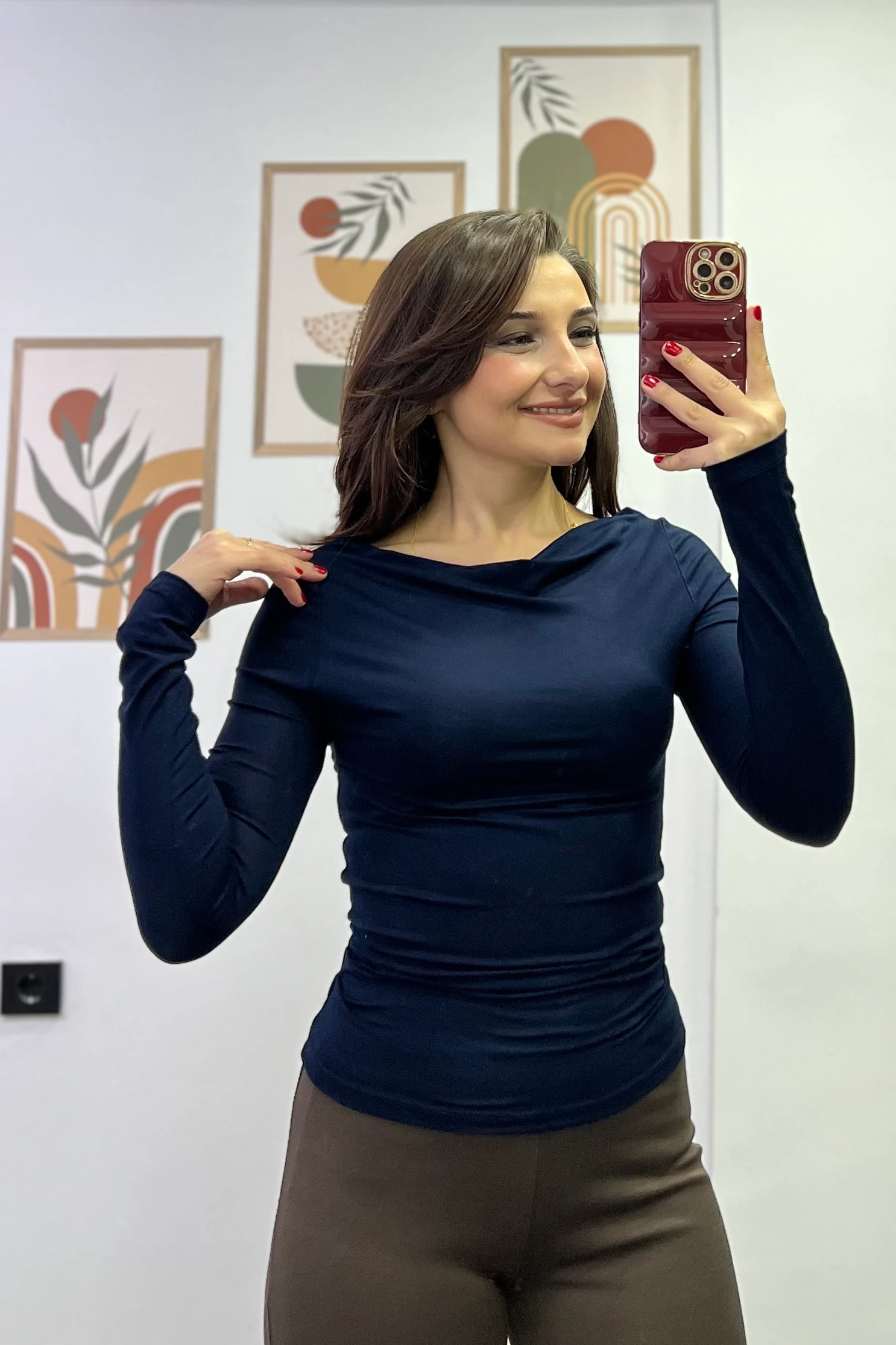 Kayık Yaka Yanları Drapeli Uzun Kollu Bluz - LACİVERT