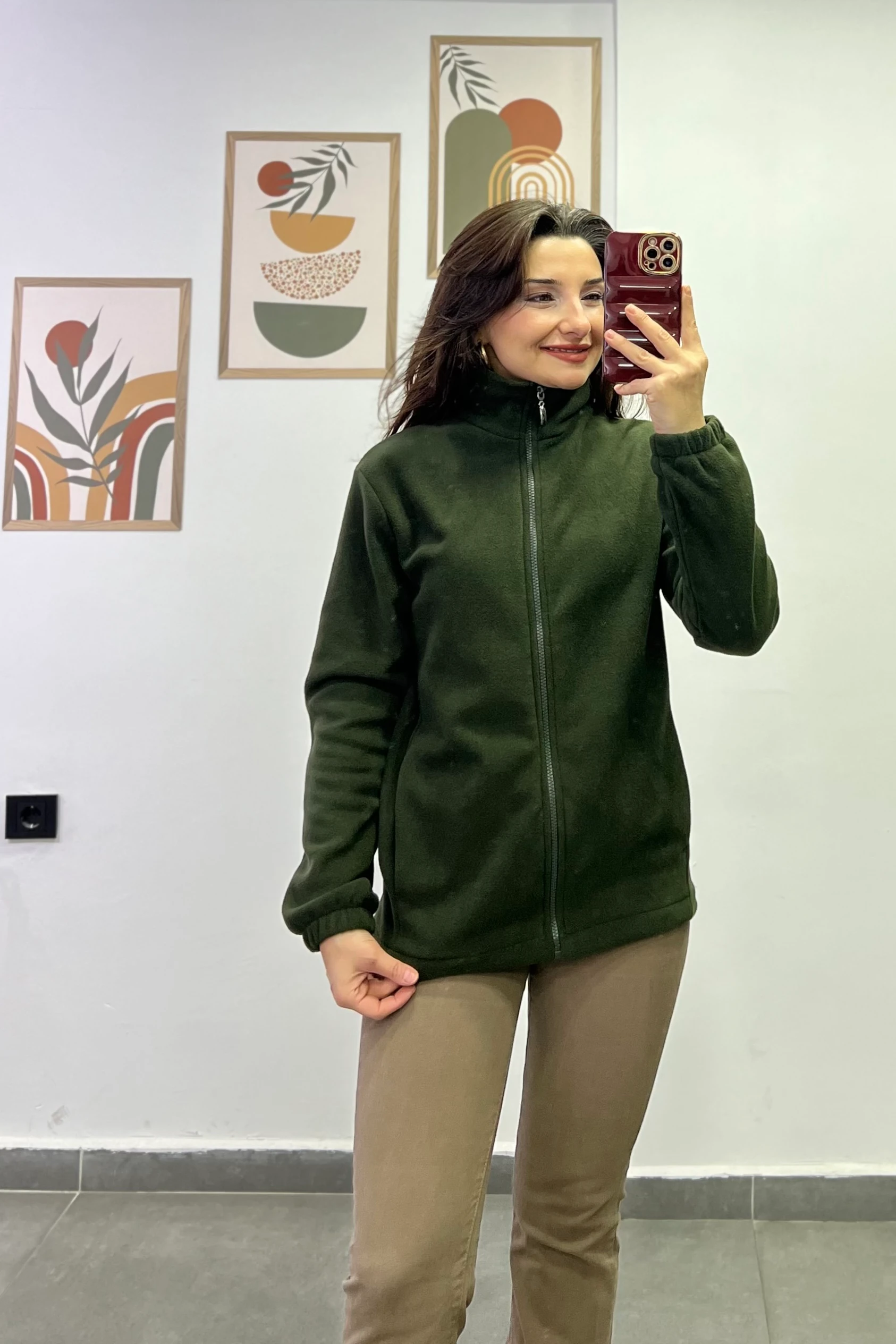 Kol Manşetleri Lastikli Fermuar Detaylı Cepli Polar Ceket - Haki