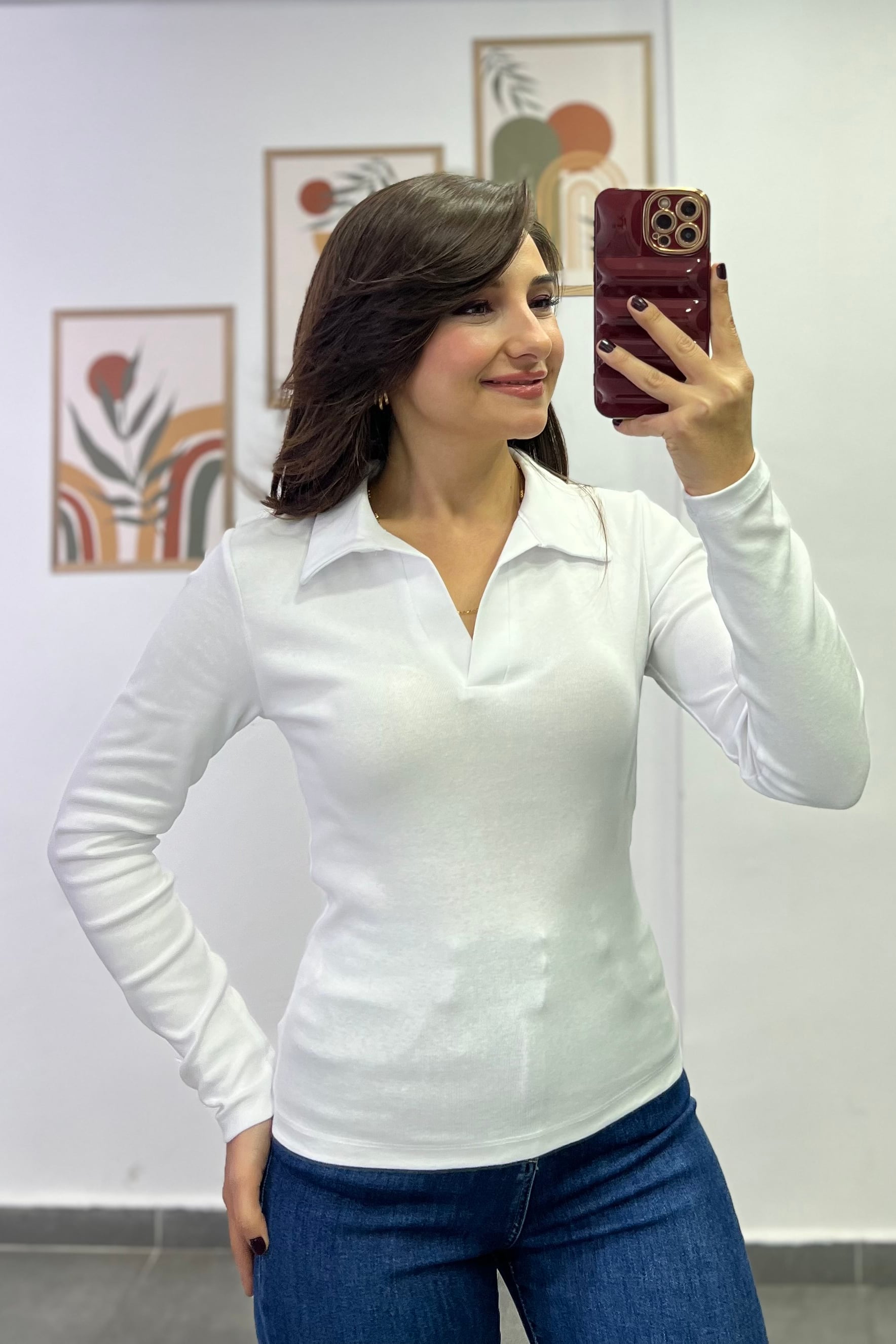 Polo Yaka Uzun Kollu Penye Bluz - BEYAZ