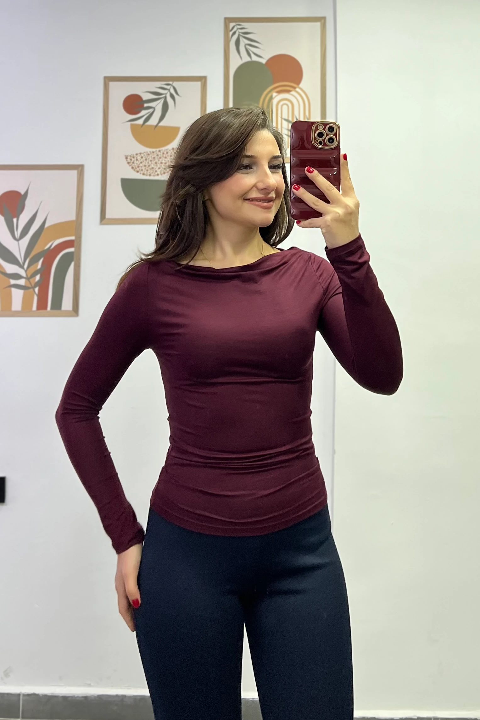 Kayık Yaka Yanları Drapeli Uzun Kollu Bluz - BORDO