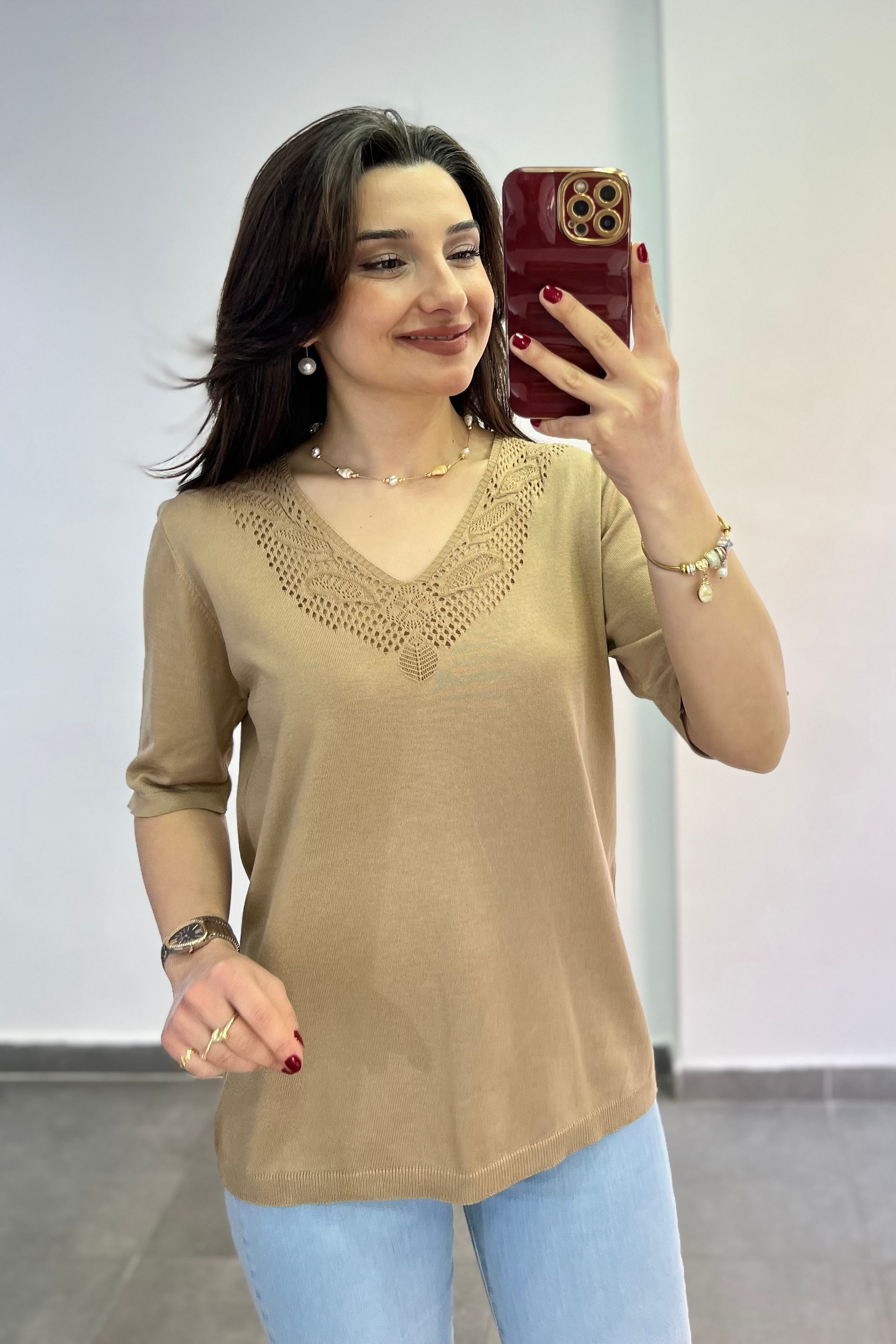Yakası Ve Sırtı Örmeli Kısa Kollu Triko - VİZON
