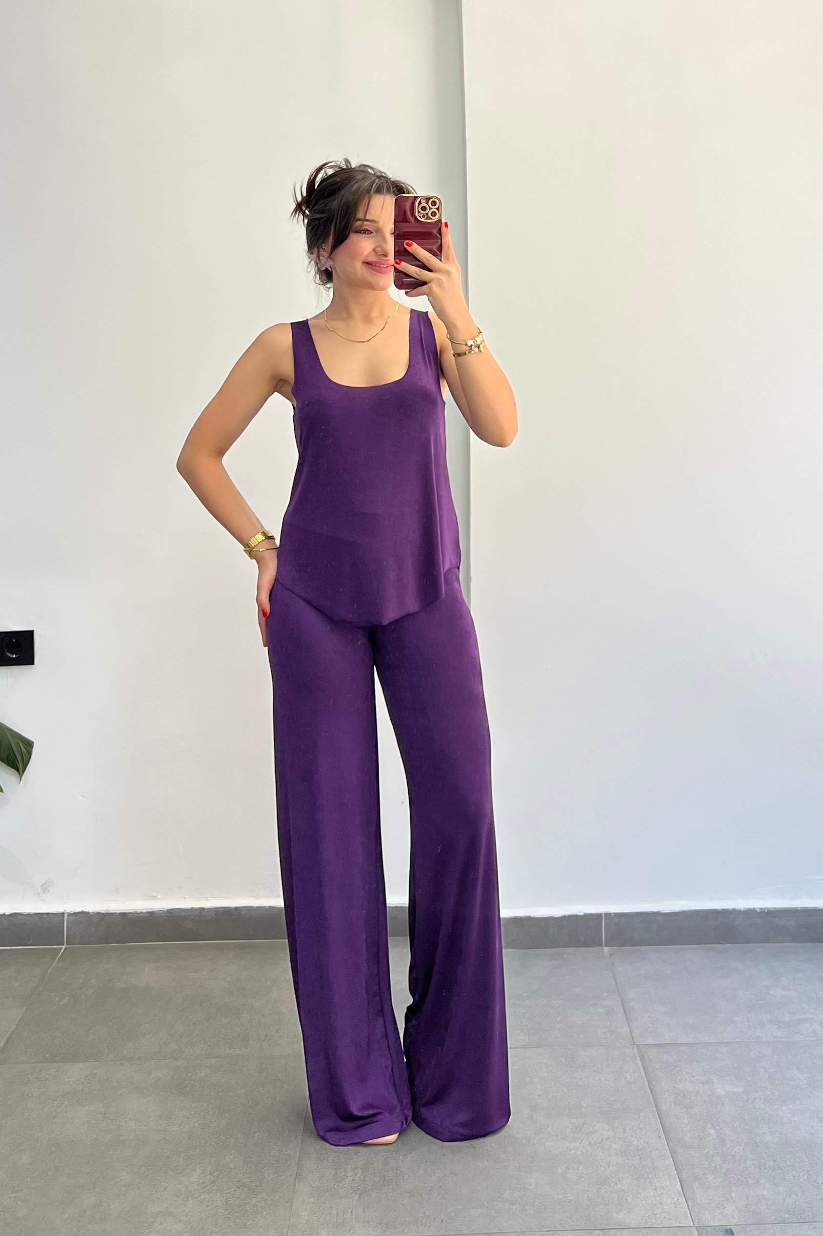 Kalın Askılı Buzzy Kumaş Pantolonu Bol Paça Takım - MOR