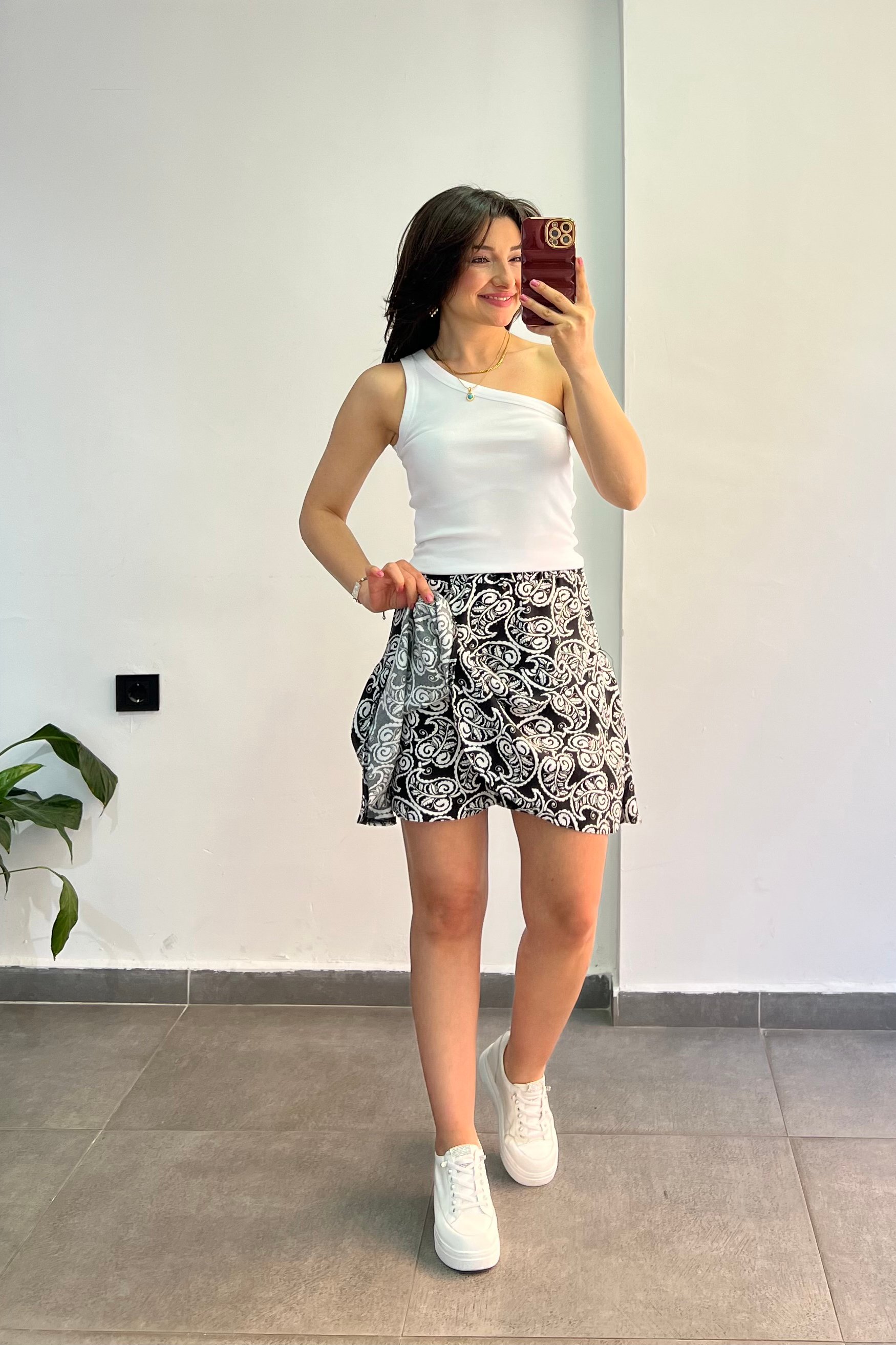 Desenli Viscon Kumaş Şort Etek