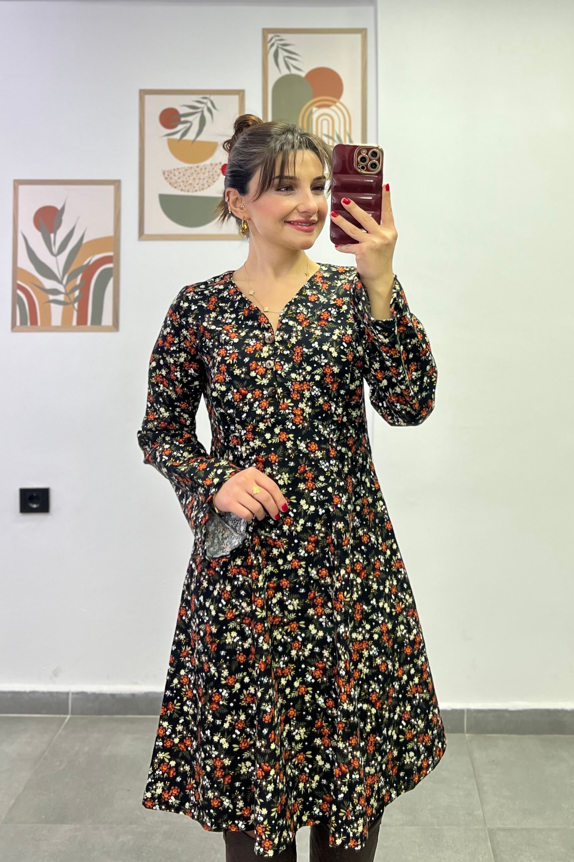 Damla Yaka Düğme Detaylı Pazen  Kumaş Çan Elbise