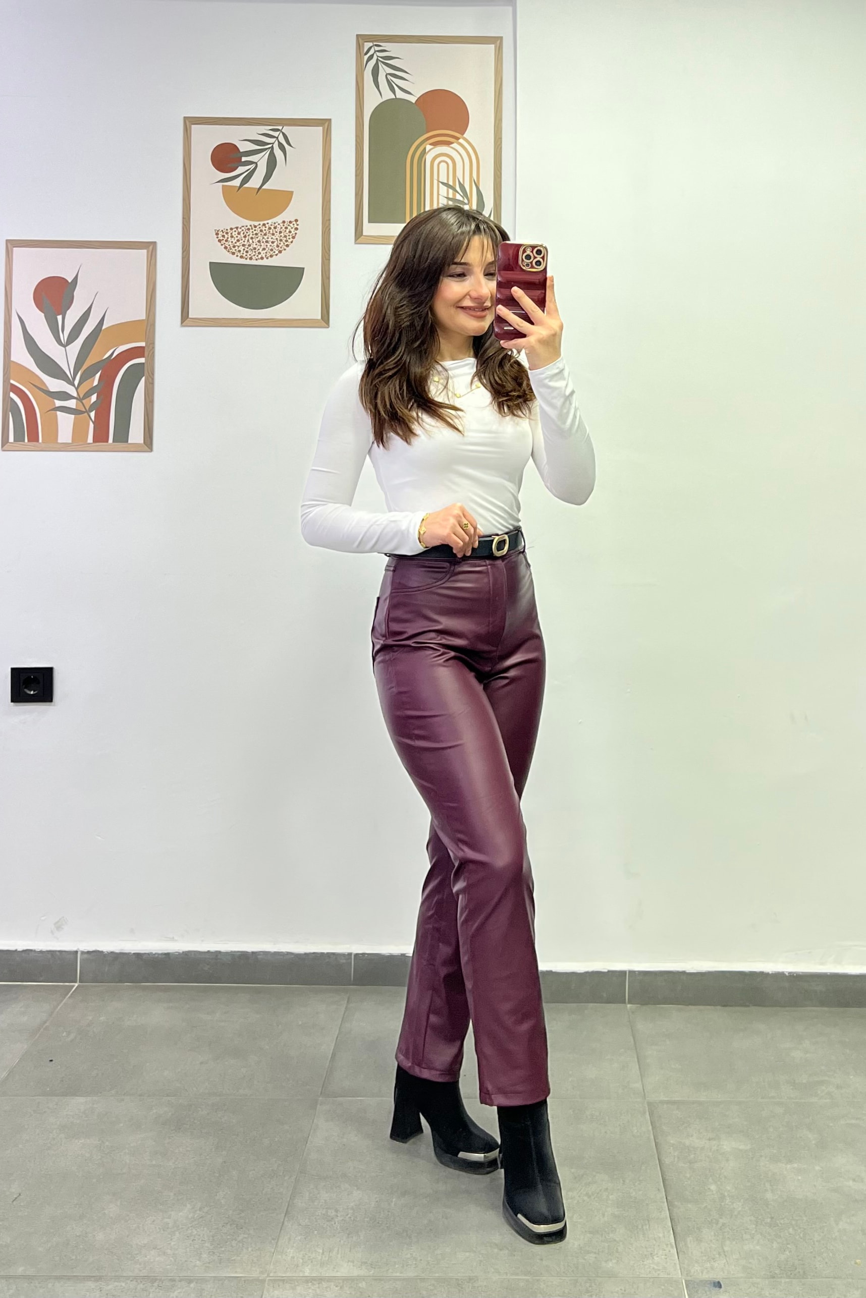 Yüksek Bel Boru Paça İçi Şardonlu Deri Pantolon - BORDO