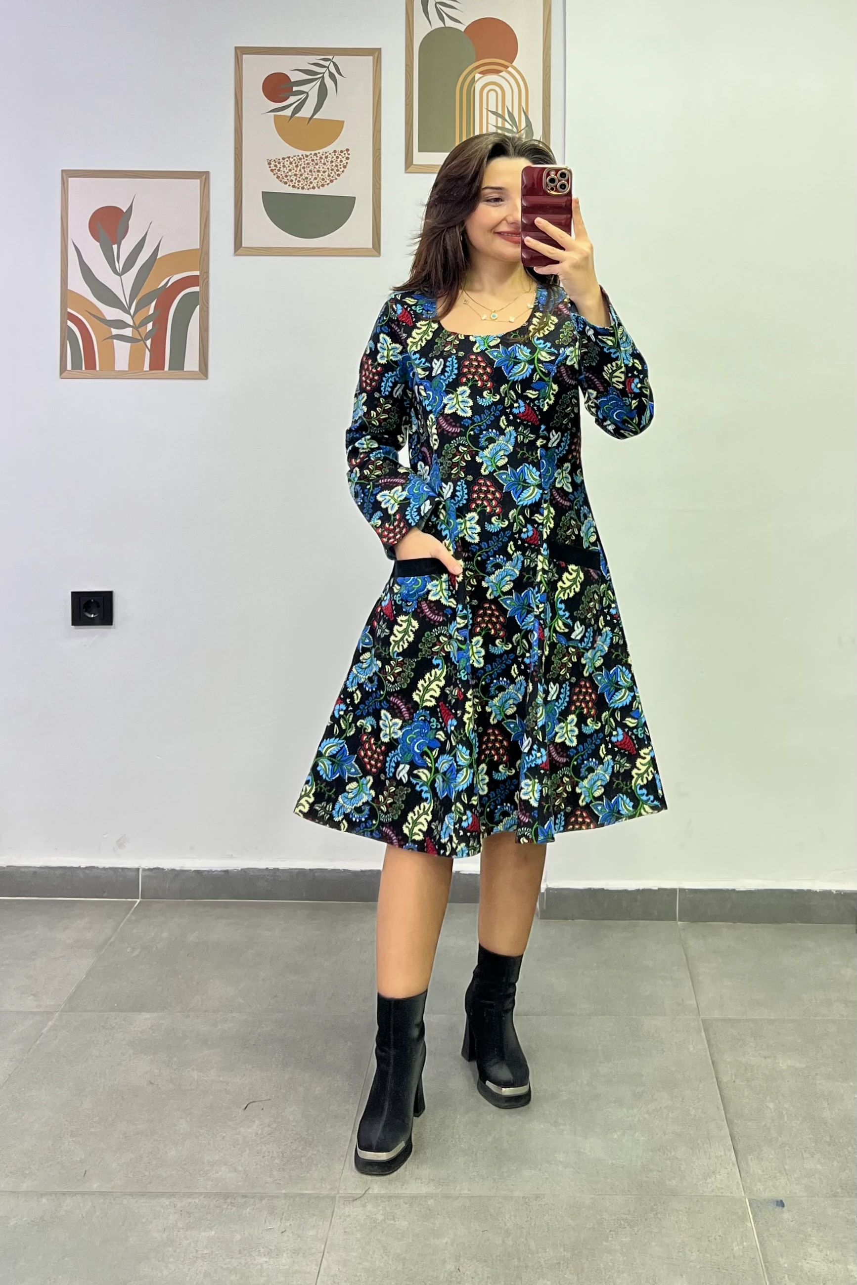 Oval Yaka Yanları Cep Detaylı Pazen Kumaş Çan Ebise - SİYAH MAVİ