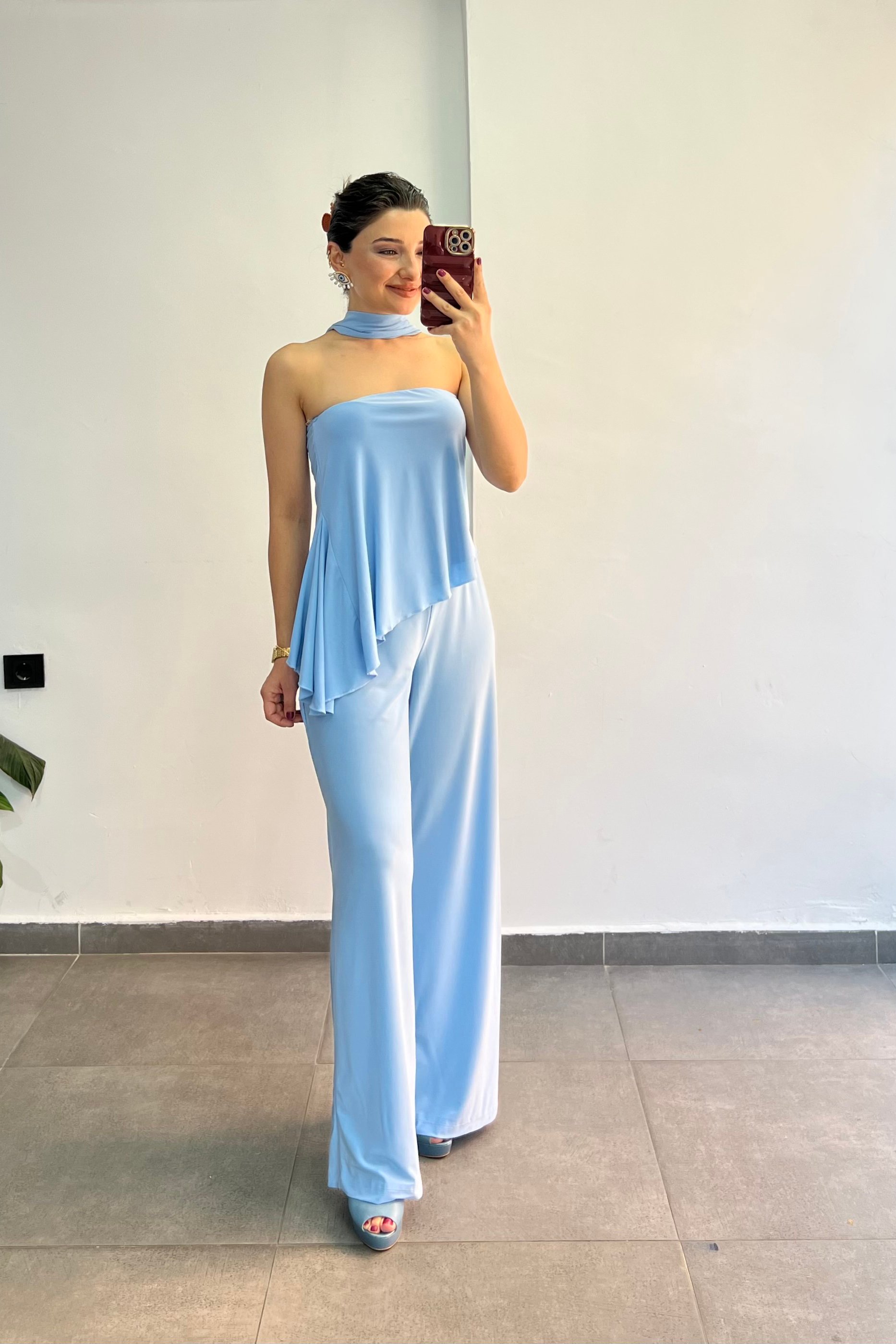 Üstü Straplez Verev Kesim Buzzy Kumaş Fular Detaylı İkili Takım - BEBE MAVİSİ
