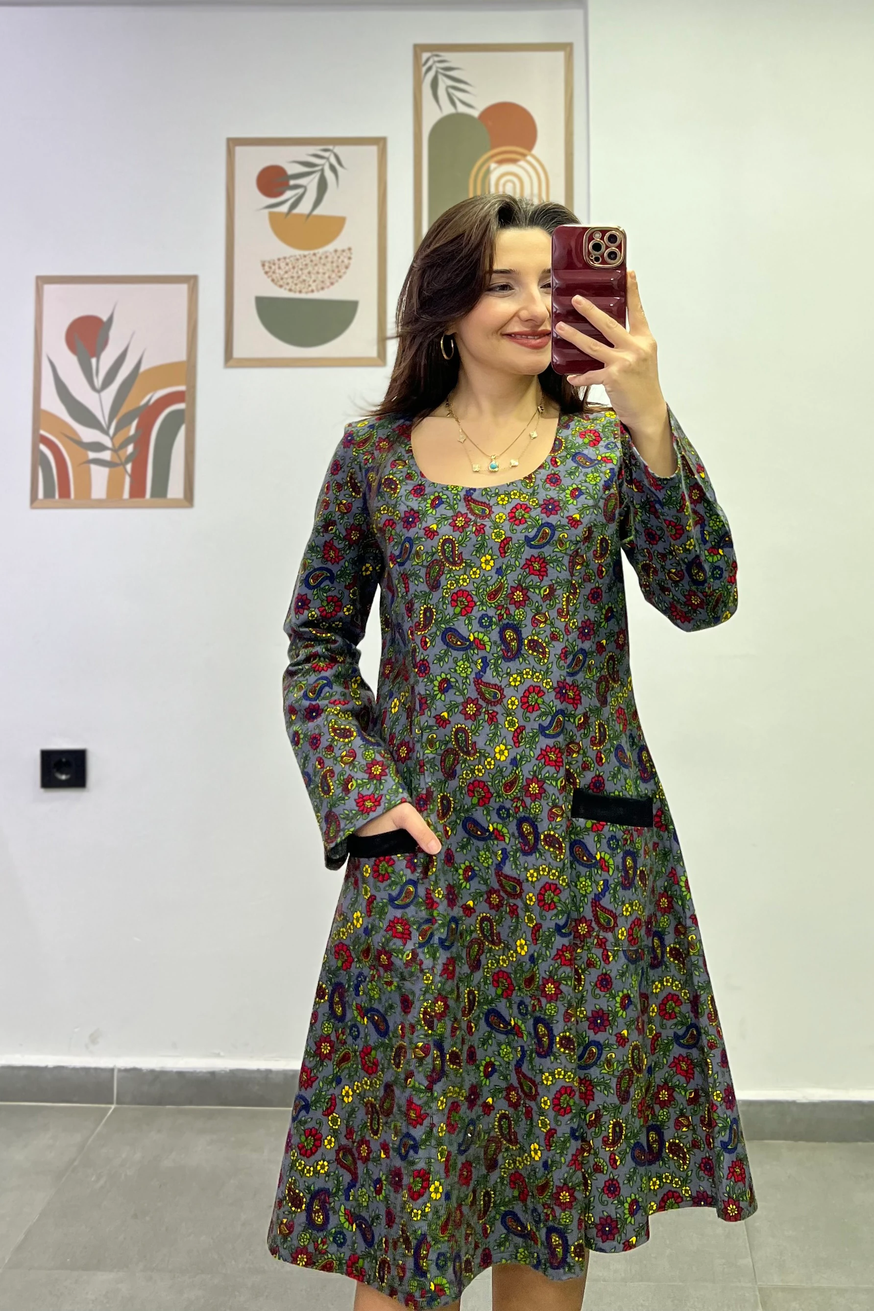 Oval Yaka Yanları Cep Detaylı Pazen Kumaş Çan Ebise - ANTRASIT