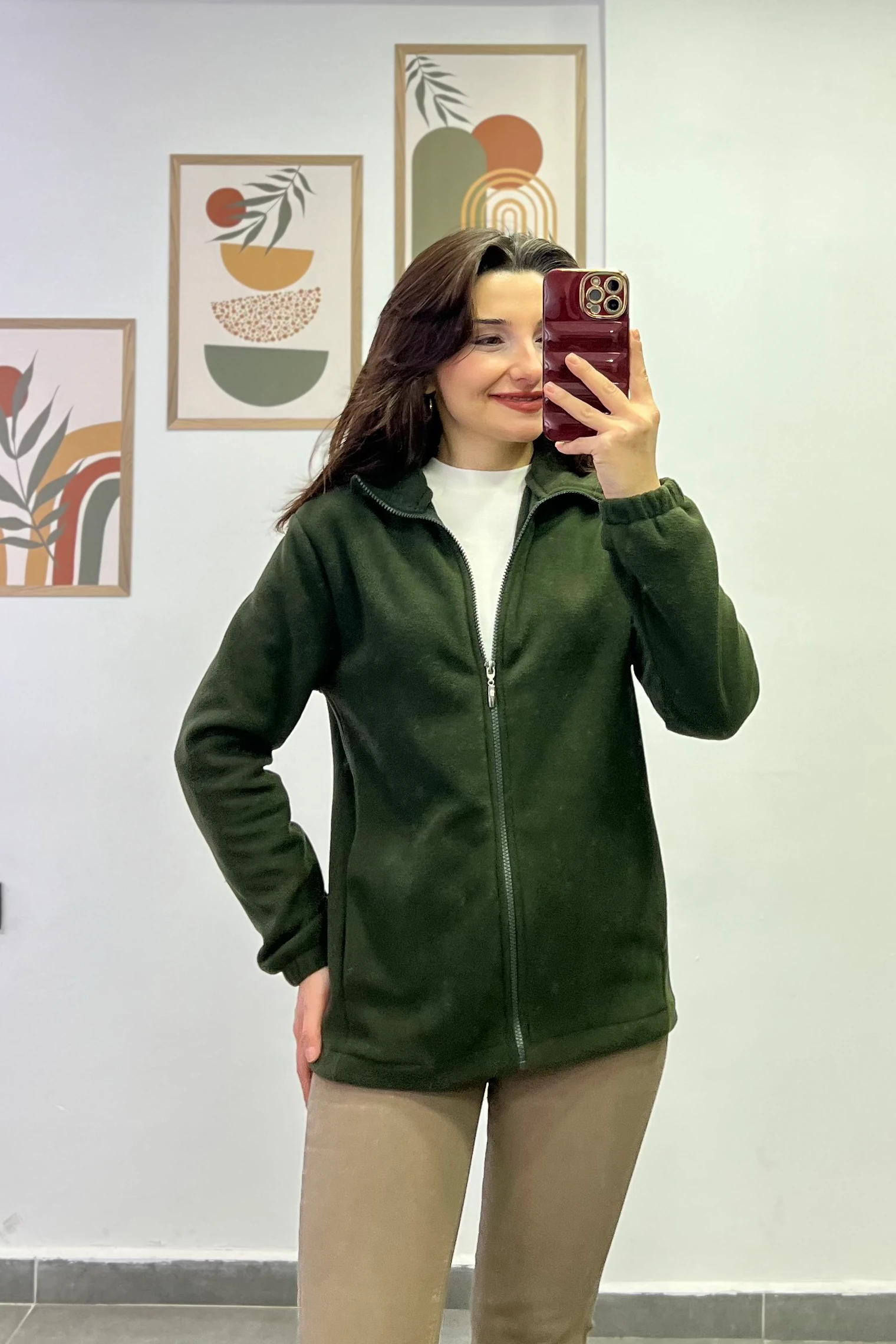 Kol Manşetleri Lastikli Fermuar Detaylı Cepli Polar Ceket - Haki