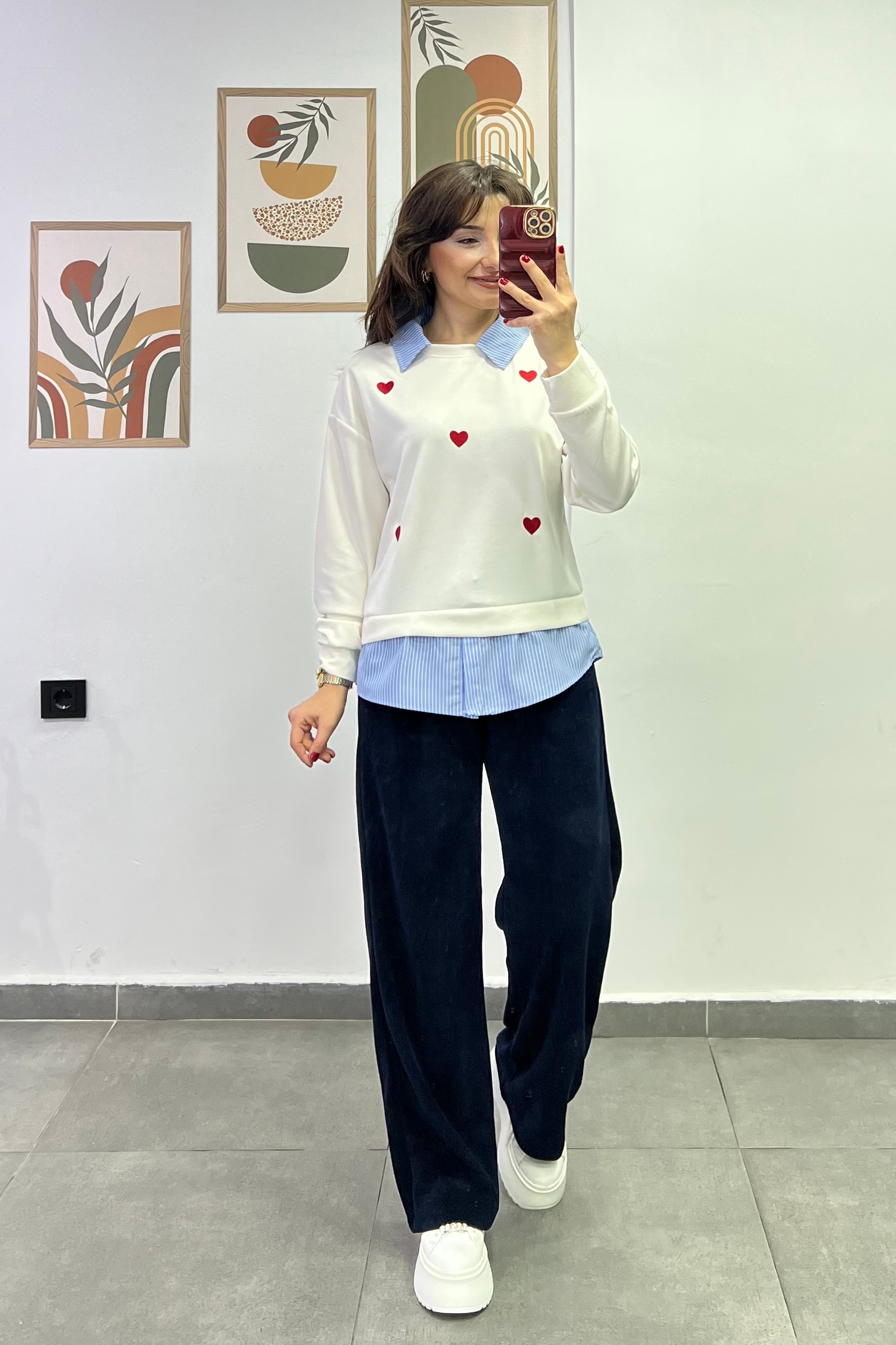 Beli Lastikli Cep Detaylı Bol Paça Fitilli Kadife Pantolon - LACIVERT