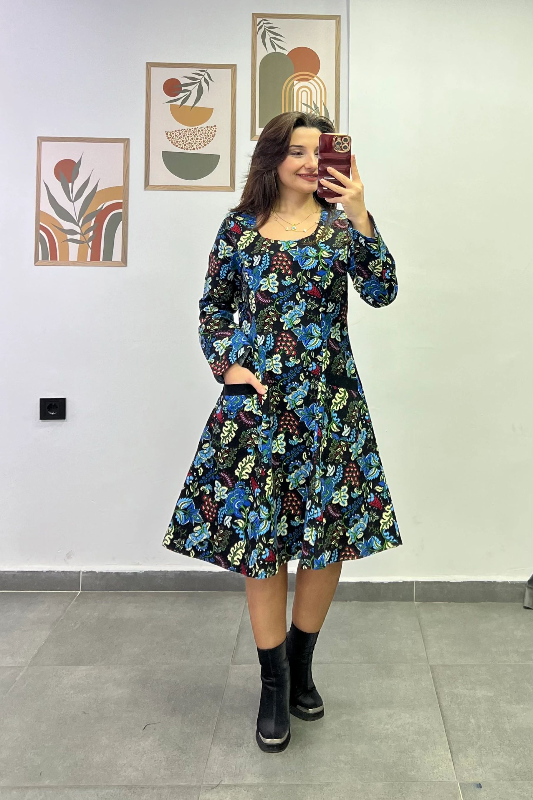 Oval Yaka Yanları Cep Detaylı Pazen Kumaş Çan Ebise - SİYAH MAVİ