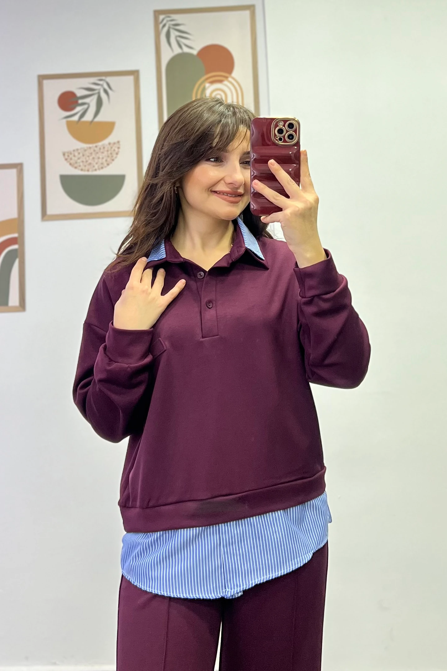 Polo Yaka Yakası Ve Bel Kısmı Gömlek Detaylı Pantolonu Cepli Ve Çima Dikişli Eşofman Takımı - BORDO