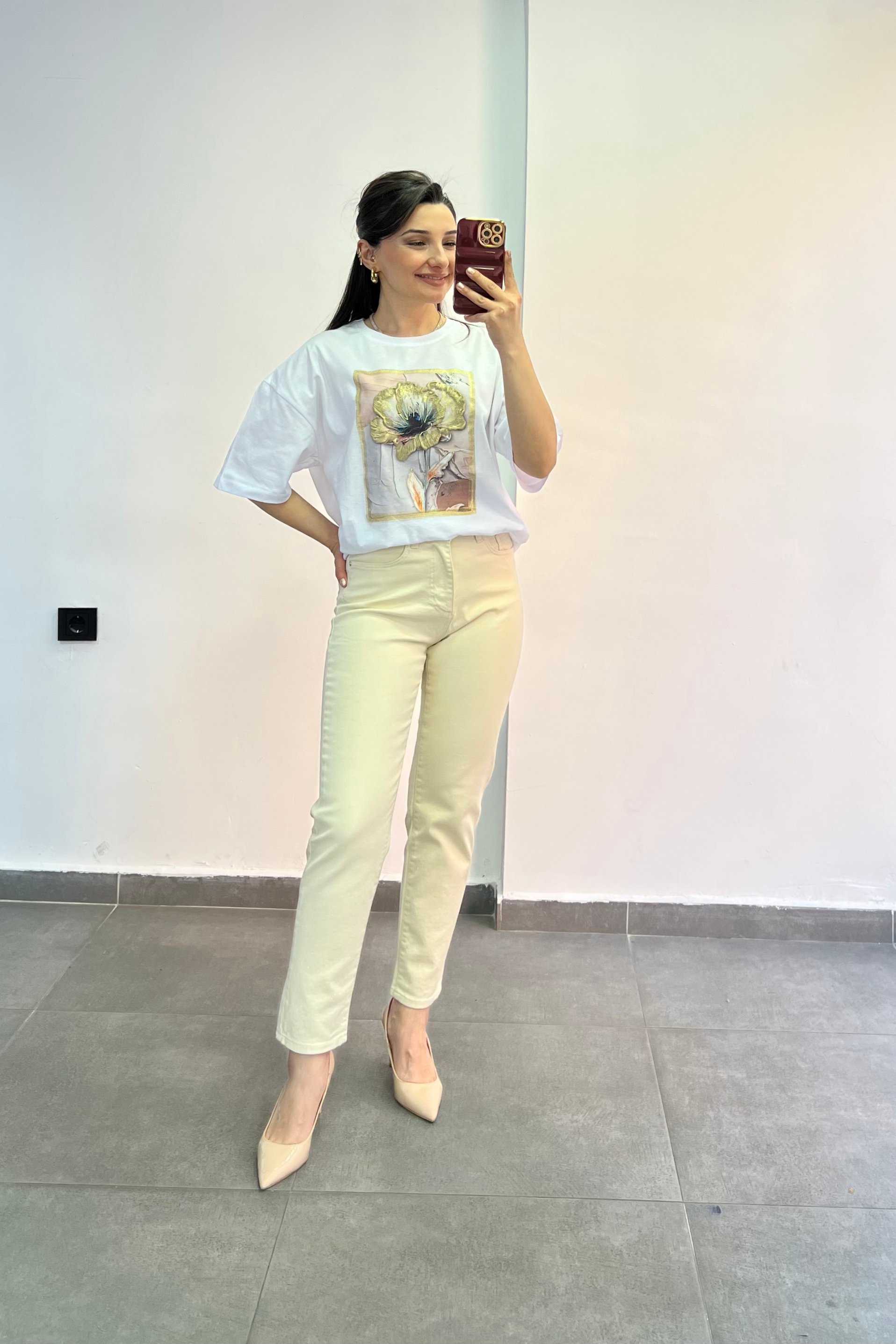 Hayalet Taşlı Yüksek Bel Mom fit Jean - BEJ