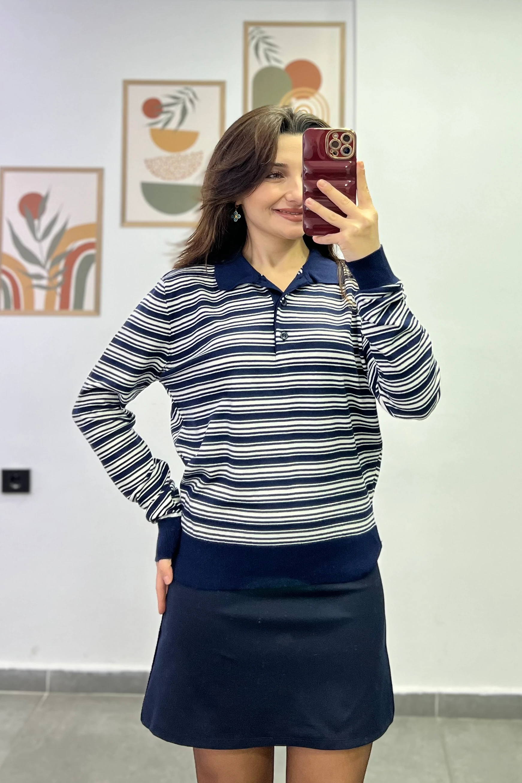 Polo Yaka Düğme Detaylı Çizgili Triko - LACIVERT