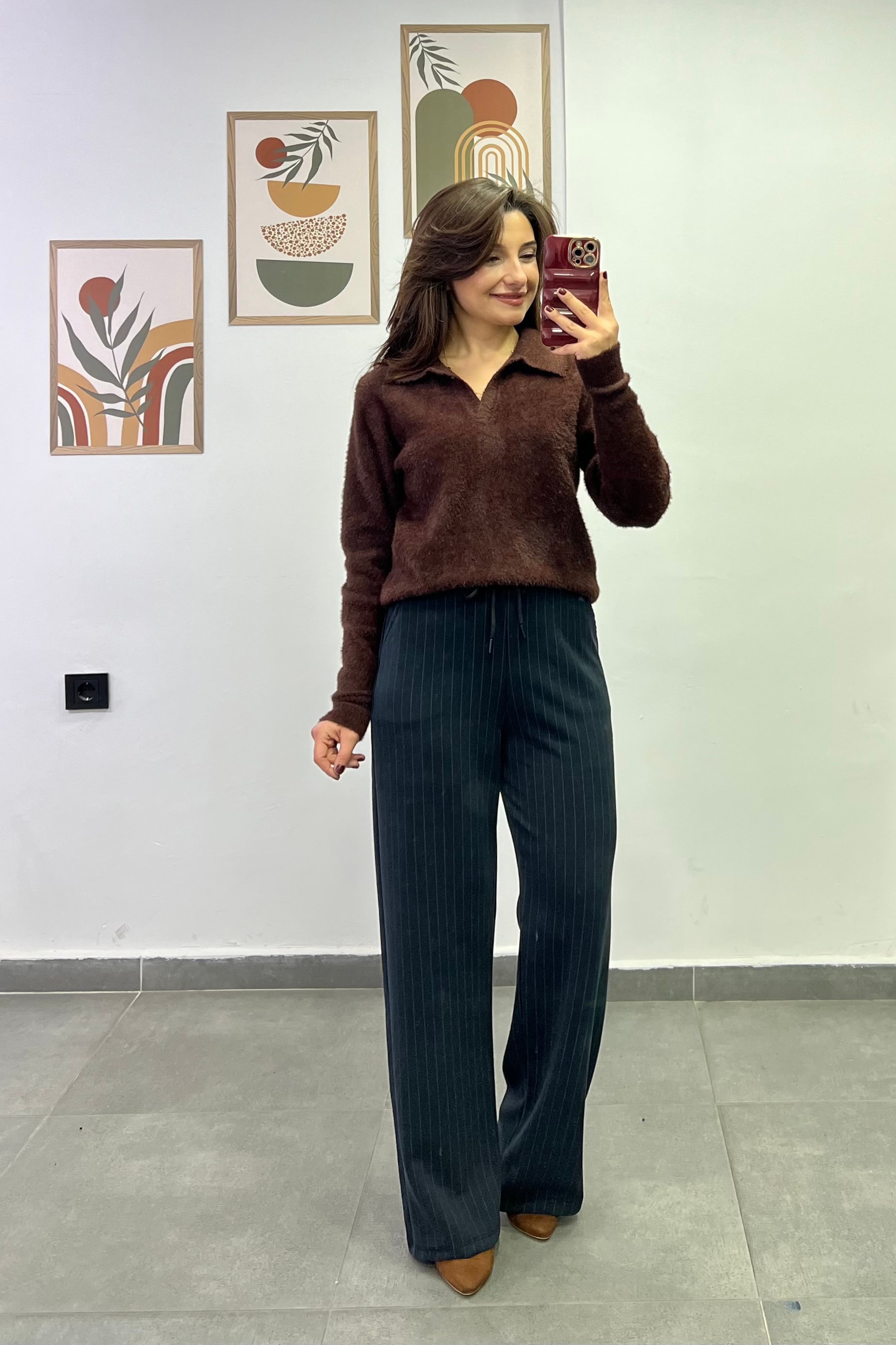 Beli Lastikli Cep Detaylı Çizgili Modal Kumaş Pantolon - ANTRASIT