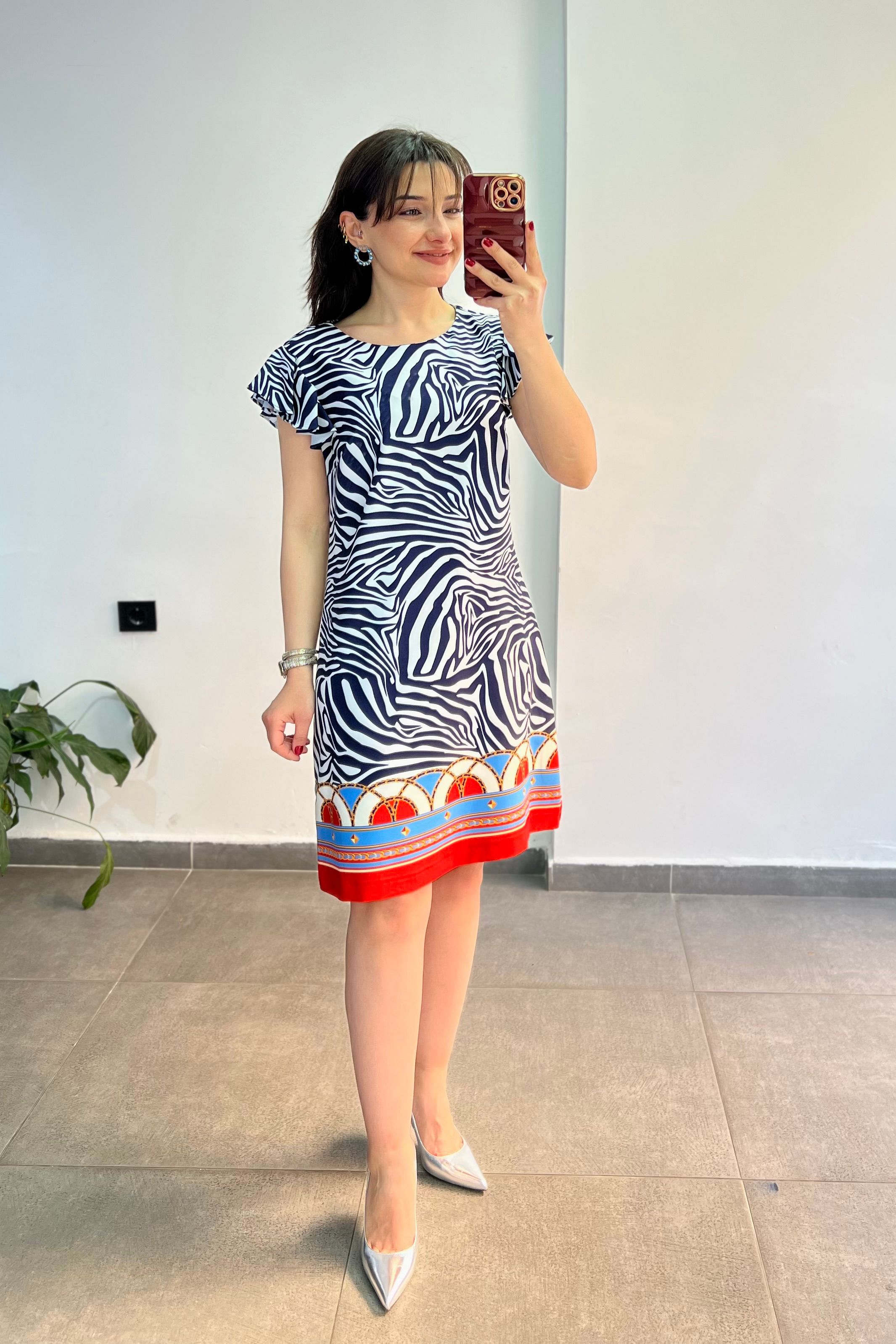 Zebra Desenli Etek Ucu Renkli Desenli Elbise - LACİVERT