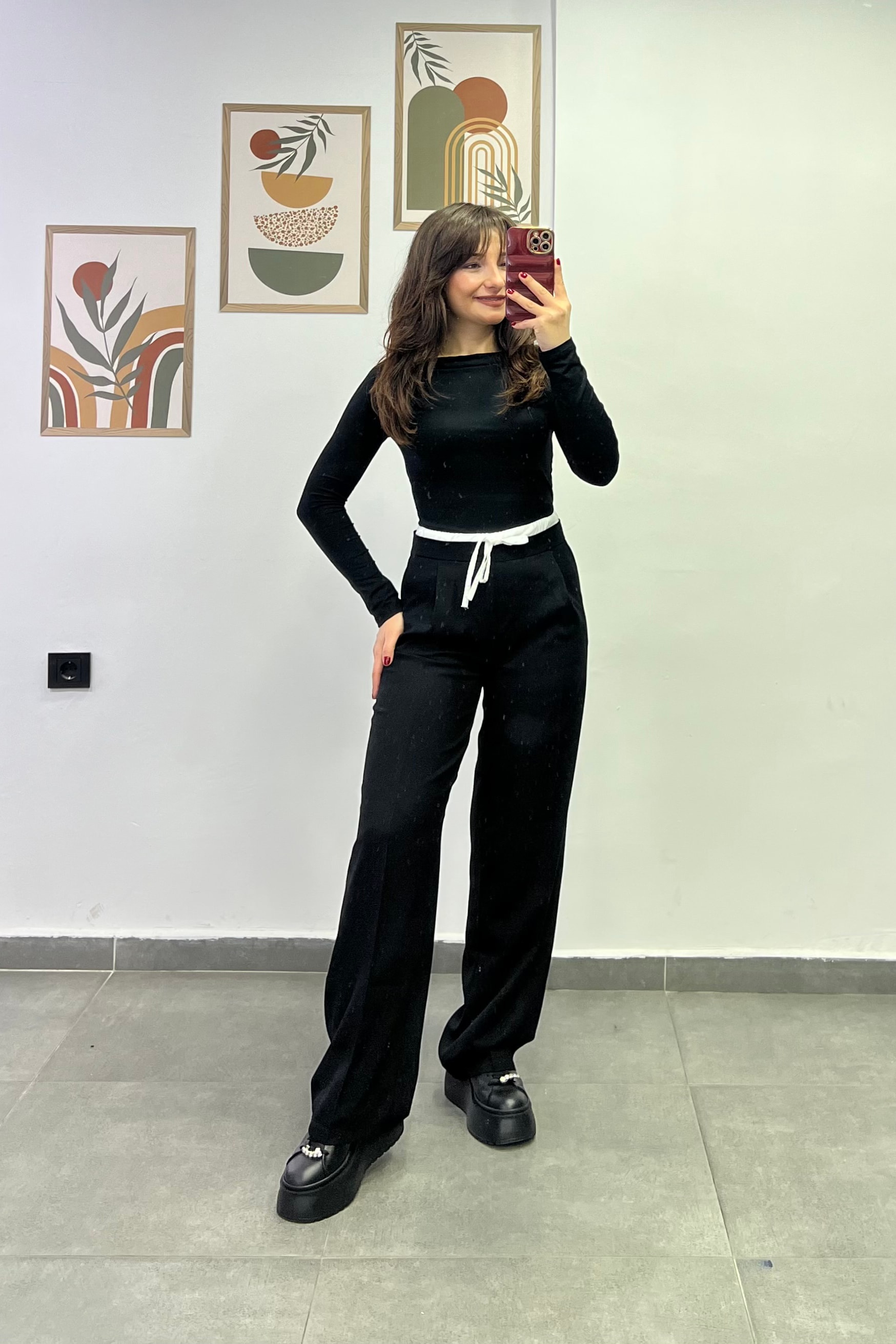 Bel Kısmı Lastikli Çift Kemer Detaylı Cepli Palazzo Kumaş Pantolon - BEJ