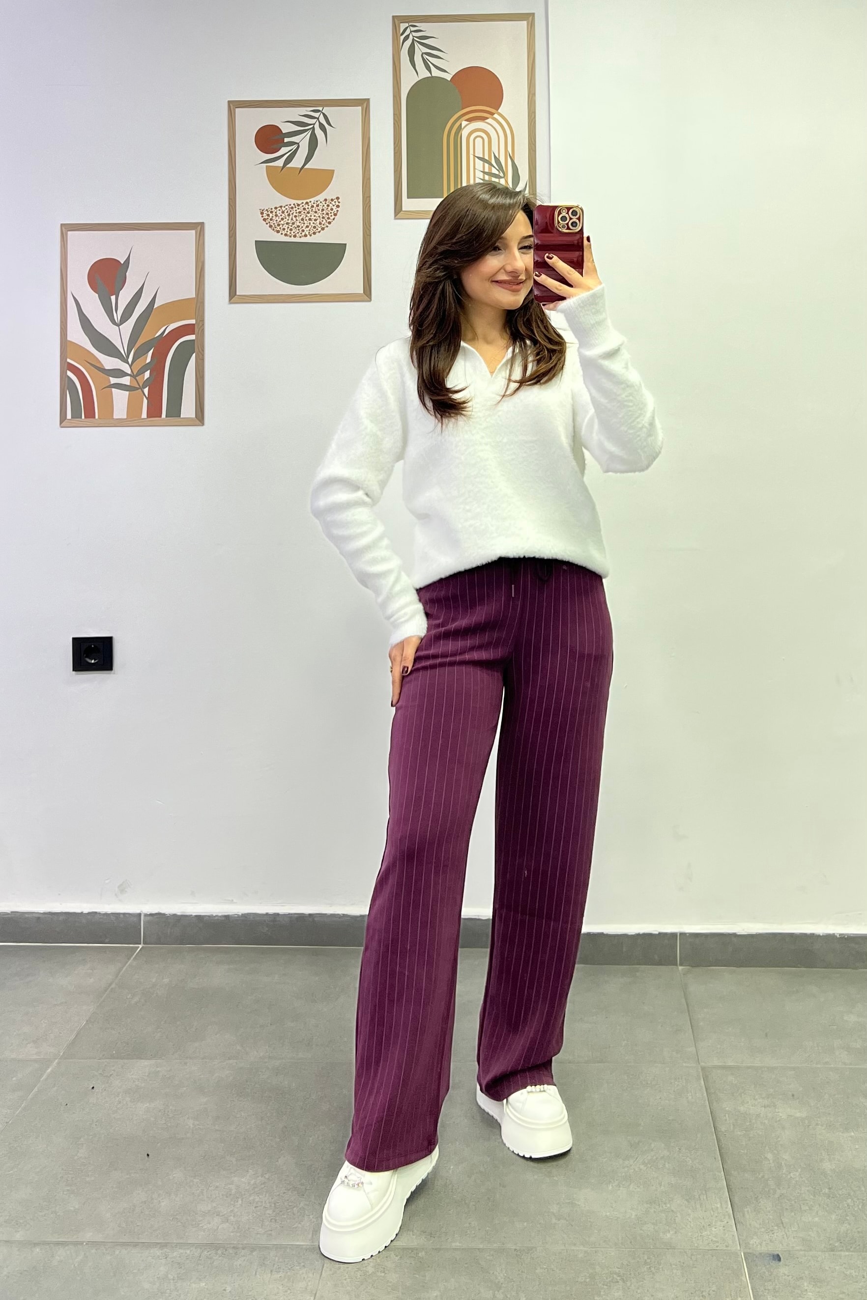 Beli Lastikli Cep Detaylı Çizgili Modal Kumaş Pantolon - BORDO