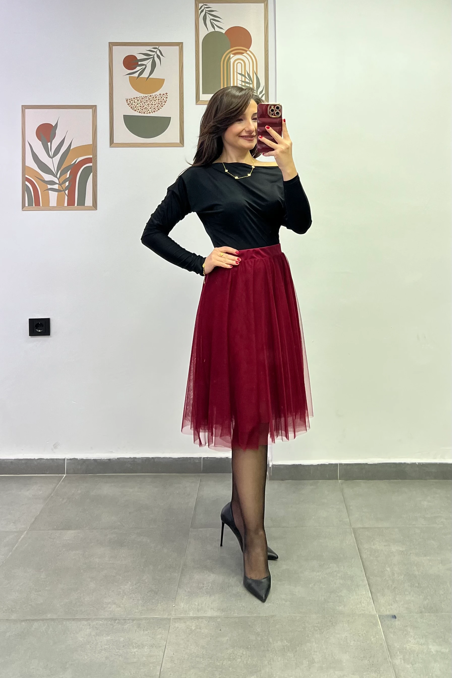 İçi Astarlı Tül Etek - BORDO