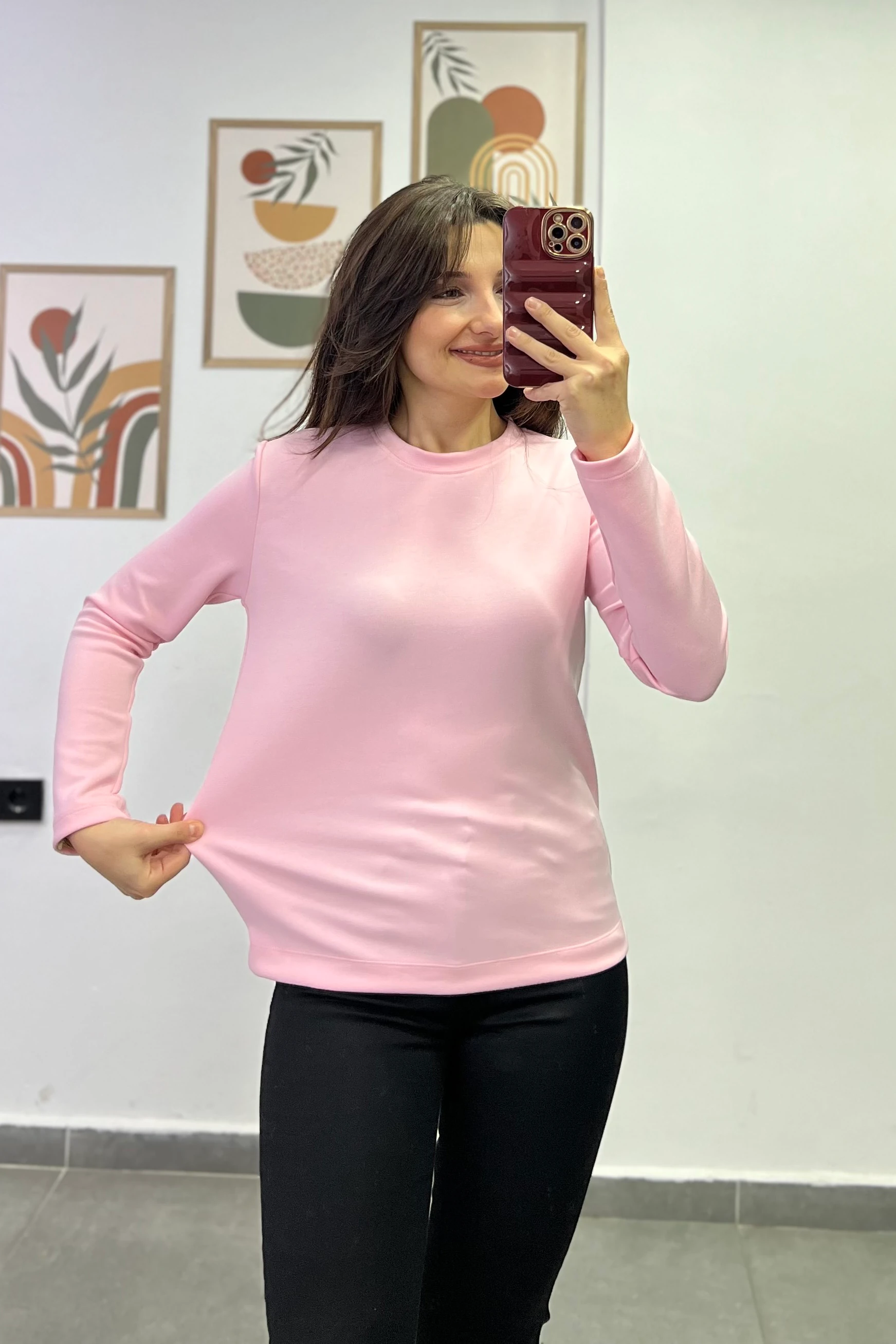 Modal Kumaş Bisiklet Yaka İki Yanı Küçük Yırtmaç Detaylı Basic Bluz - PEMBE