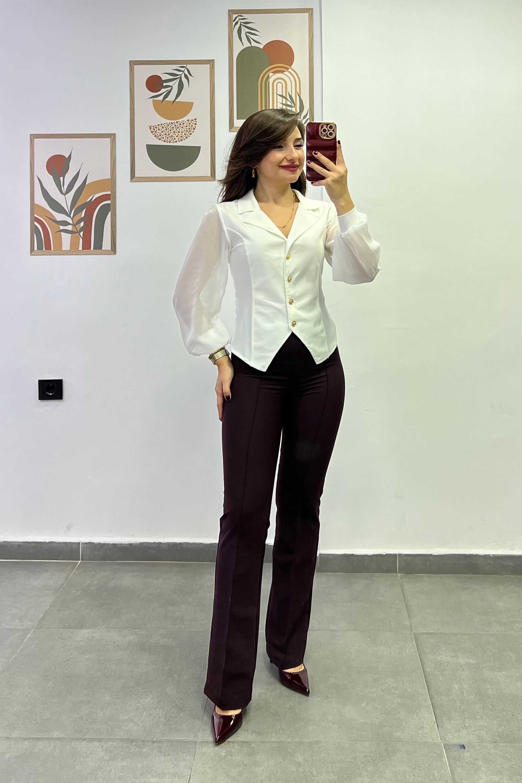 Yandan Fermuar Detaylı Önü Çima Dikişli Hafif İspanyol Paça Toparlayıcı Scuba Kumaş Pantolon - BORDO