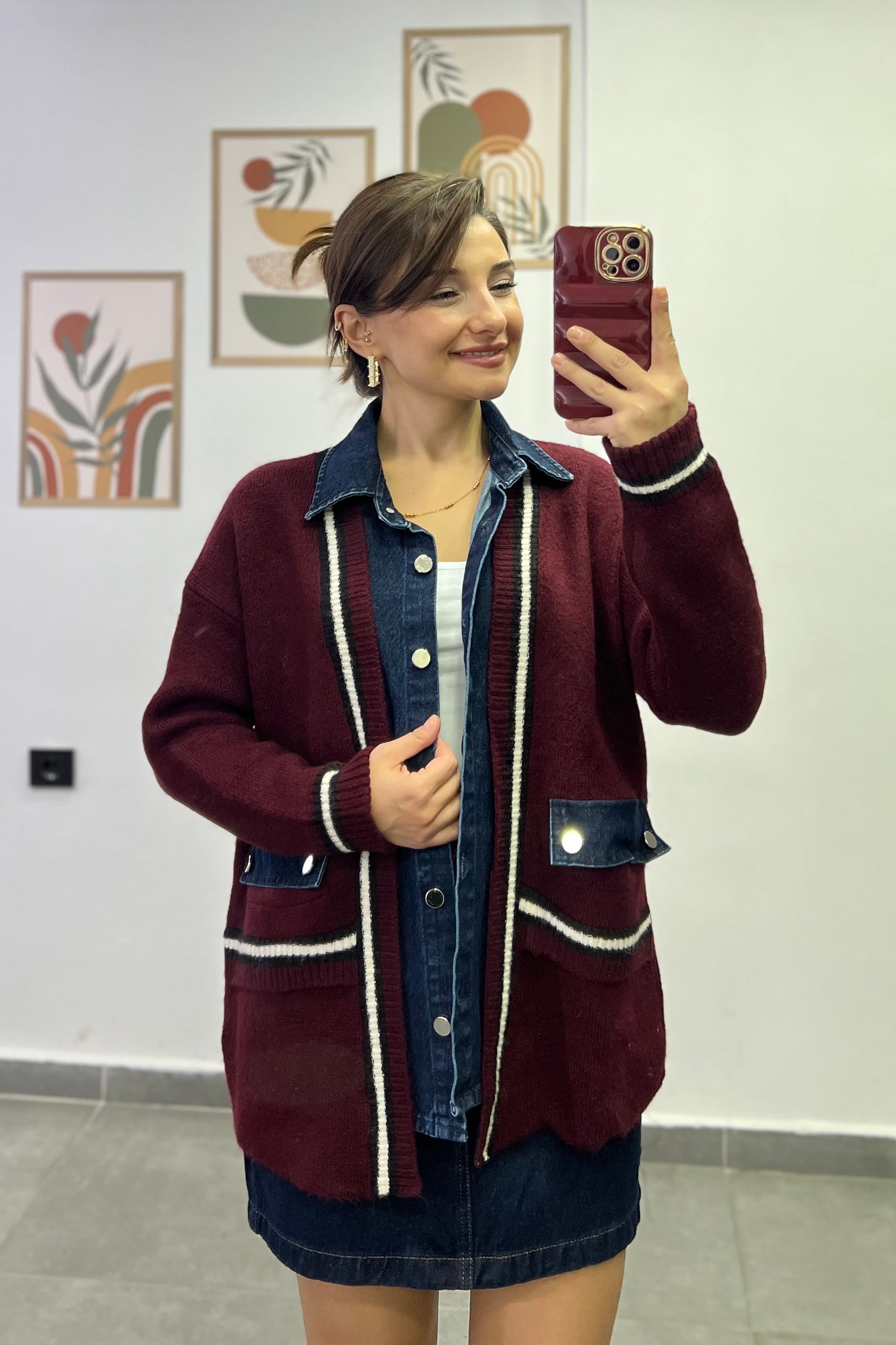 Yakası Önü Ve Cepleri Kot Kumaş Örgü  Ceket - BORDO