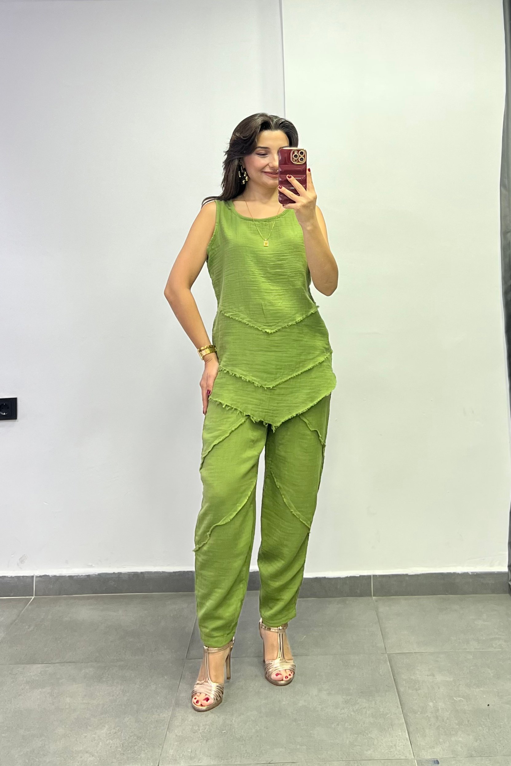 Beli Lastikli Cep Ve Dikiş Detaylı Müslin Kumaş Pantolon - MAVİ
