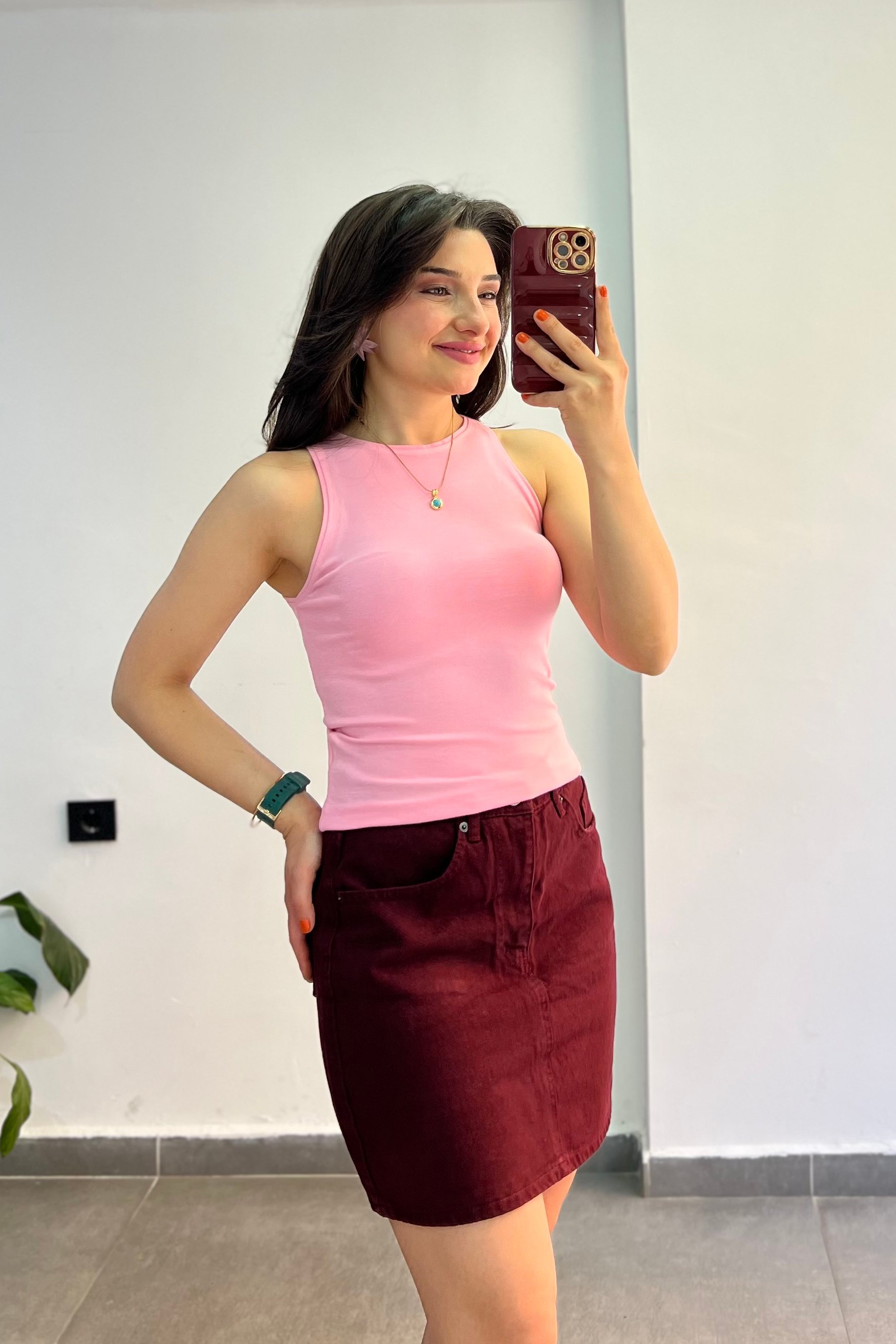Bisiklet Yaka Halter Kol Modal Atlet - PEMBE