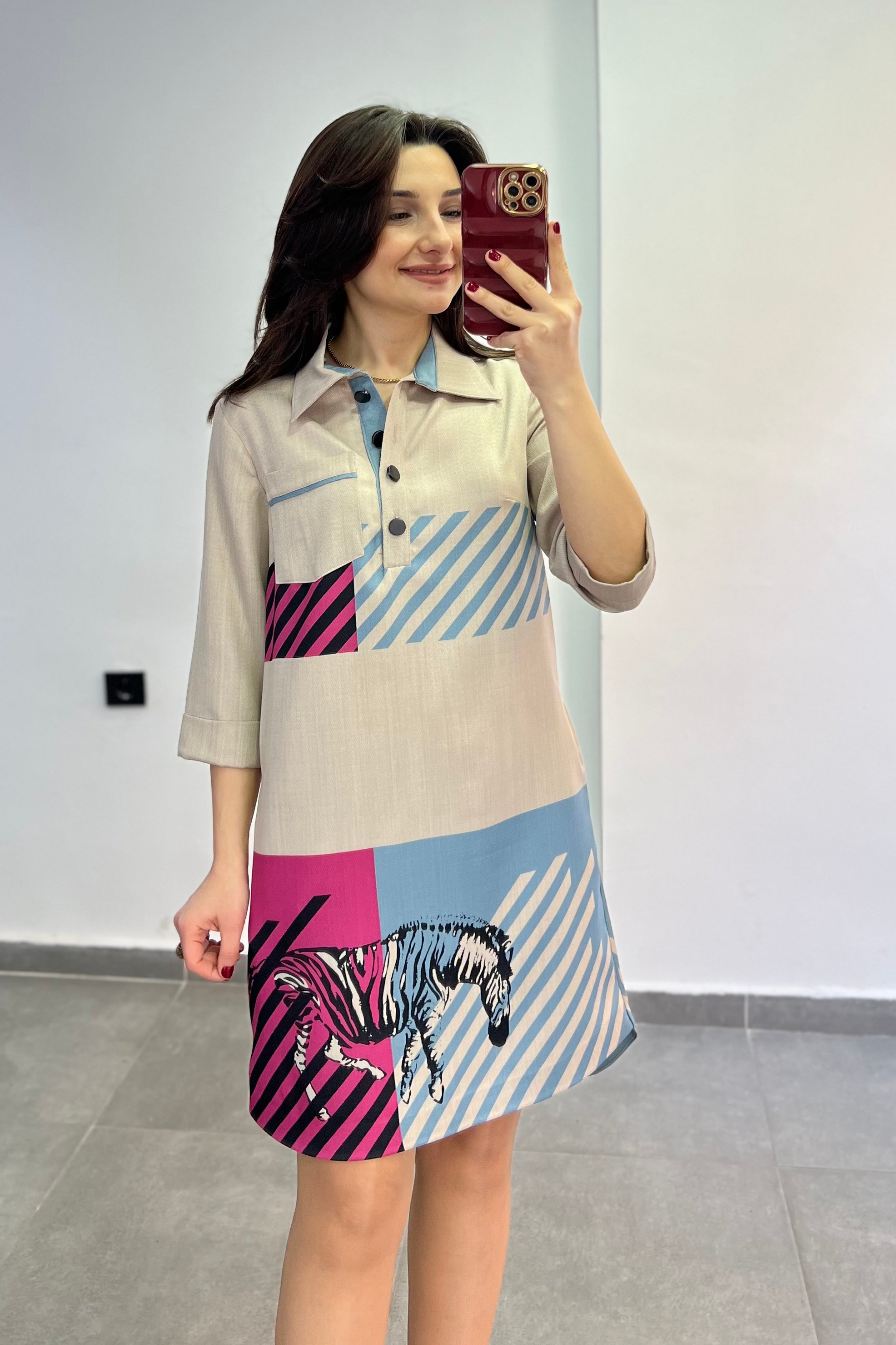 Polo Yaka Çizgili Şerit Zebra Desenli Tek Posta Cep Truvakar Kol Elbise