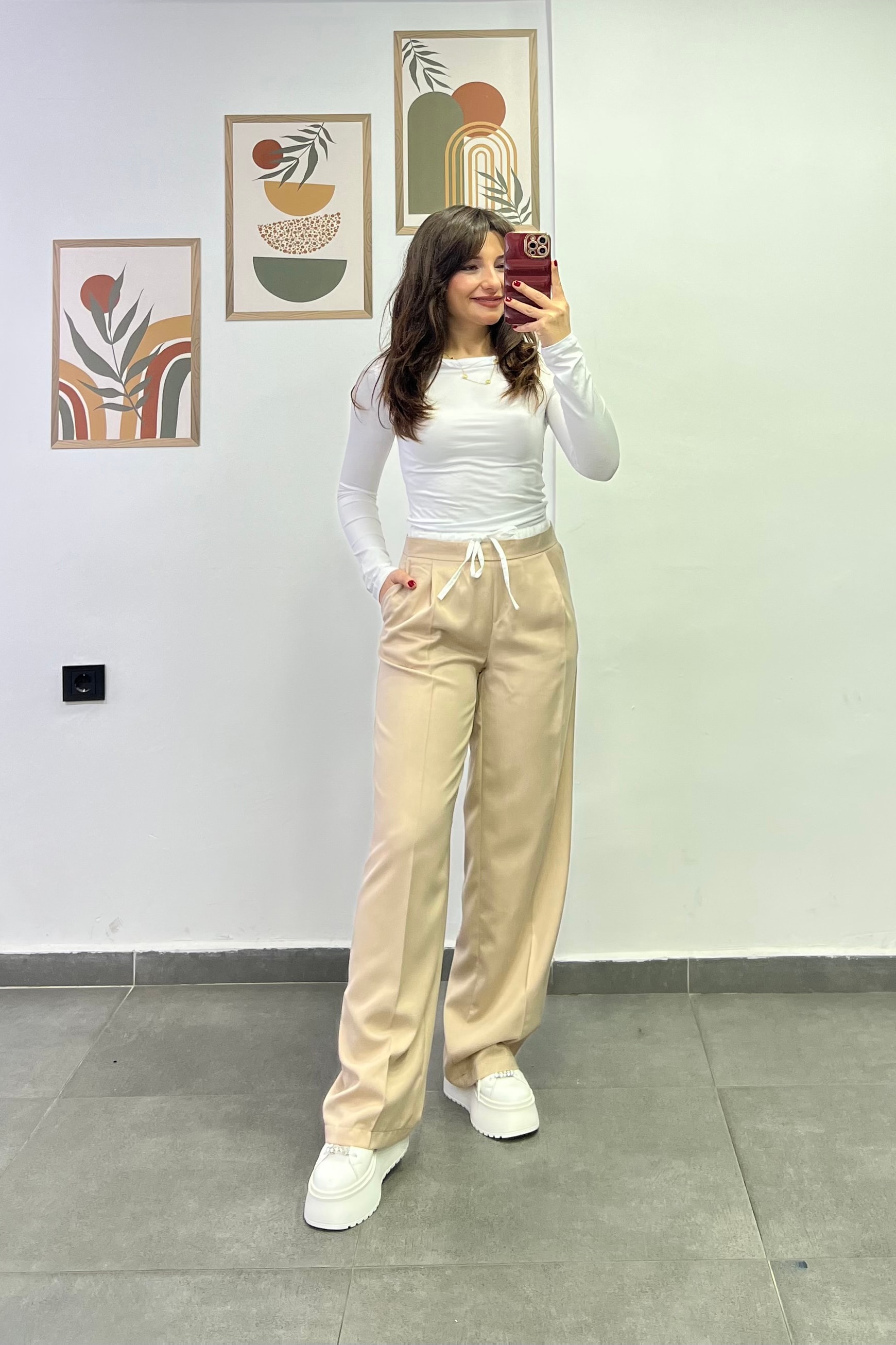 Bel Kısmı Lastikli Çift Kemer Detaylı Cepli Palazzo Kumaş Pantolon - BEJ