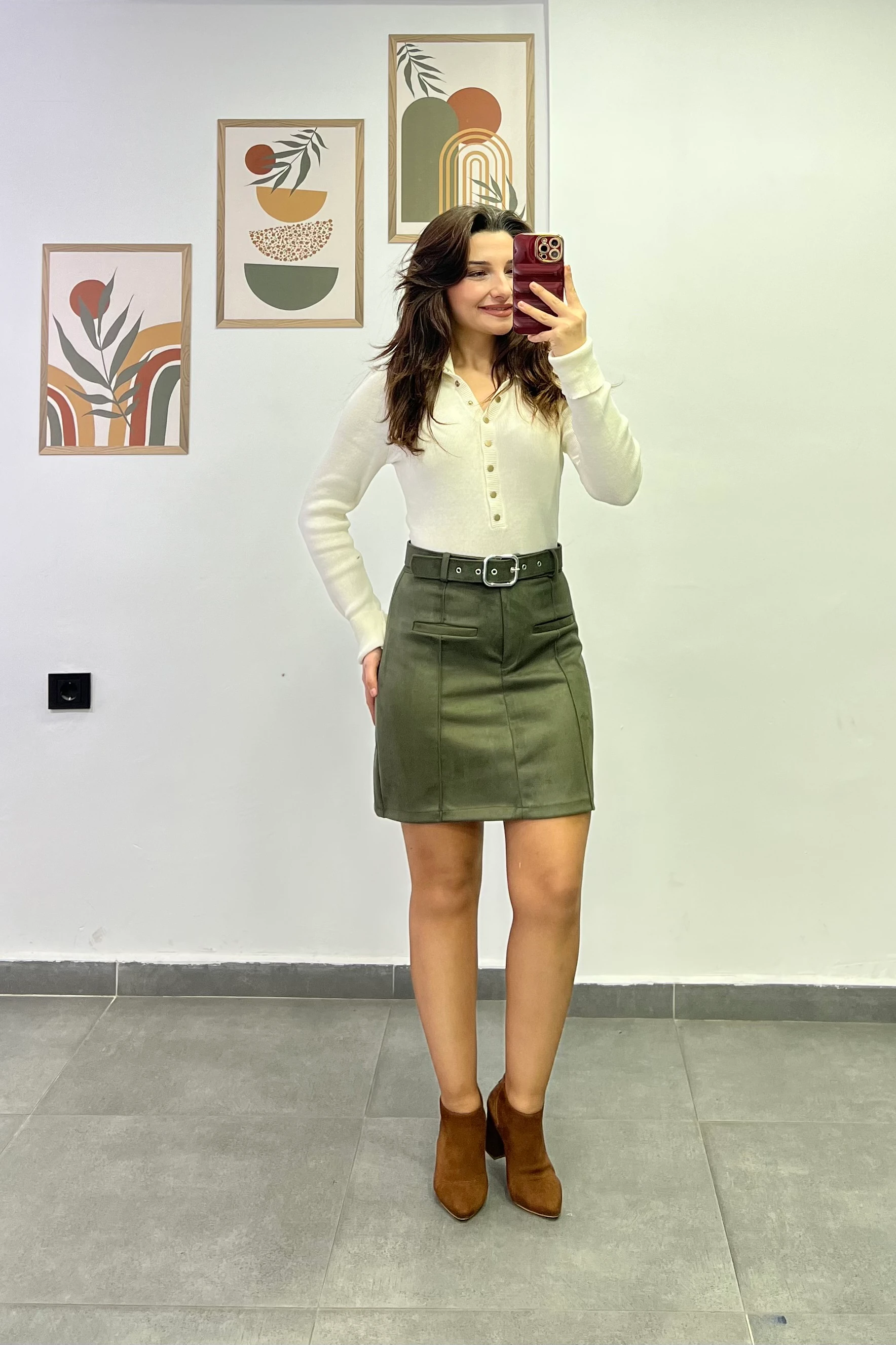 Ön Kısmı Çima Dikişli Cep Görünümlü Kemerli Nubuk Etek - Haki