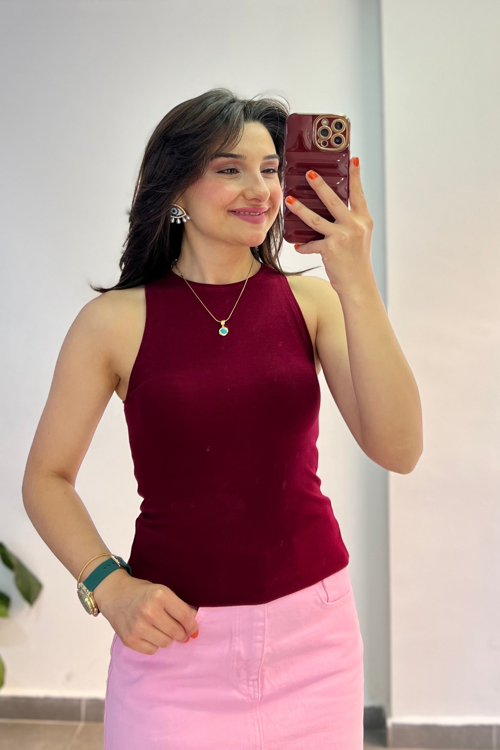 Bisiklet Yaka Halter Kol Modal Atlet - BORDO