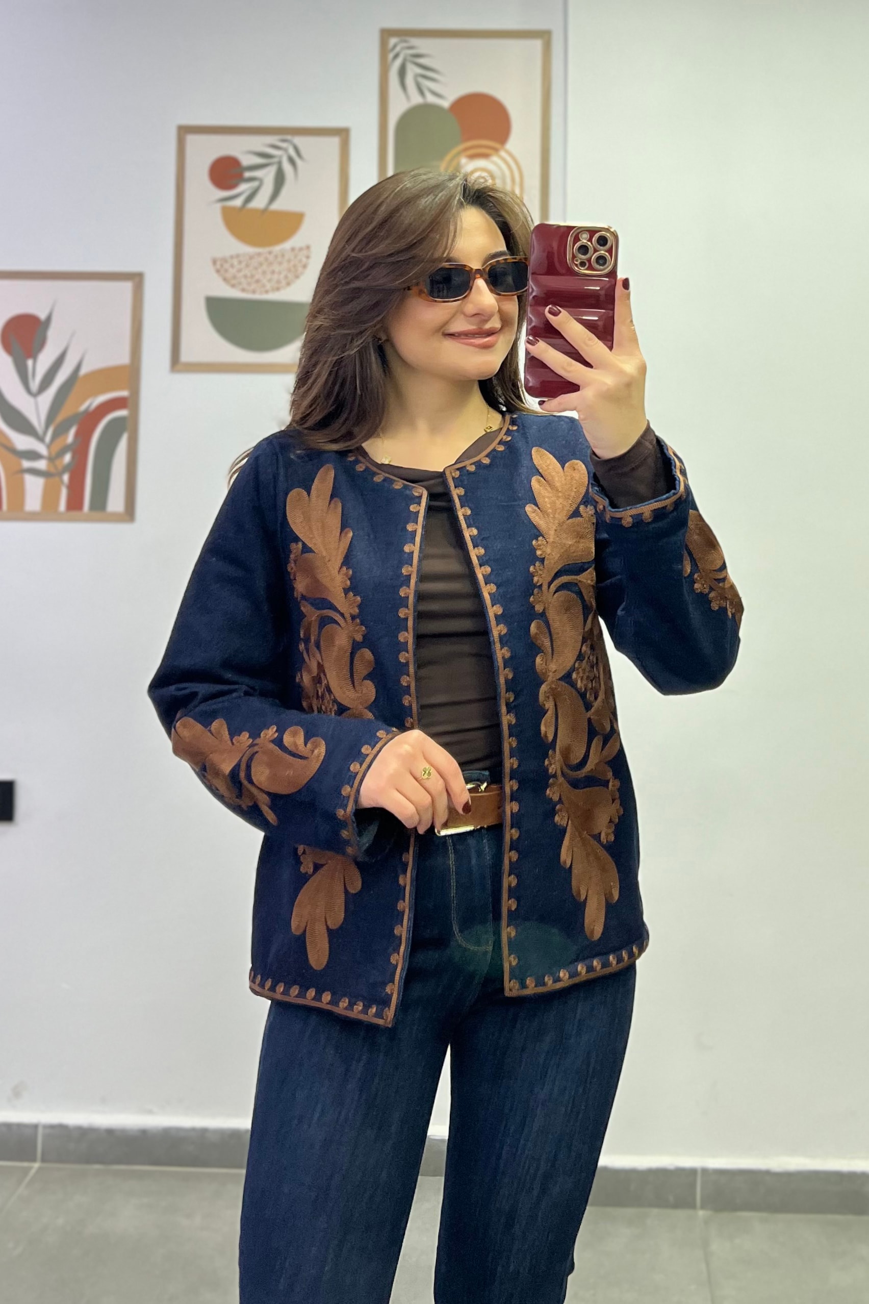 Kolları Ve Ön Kısmı Nakış Detaylı İçi Peluş Ceket - LACIVERT