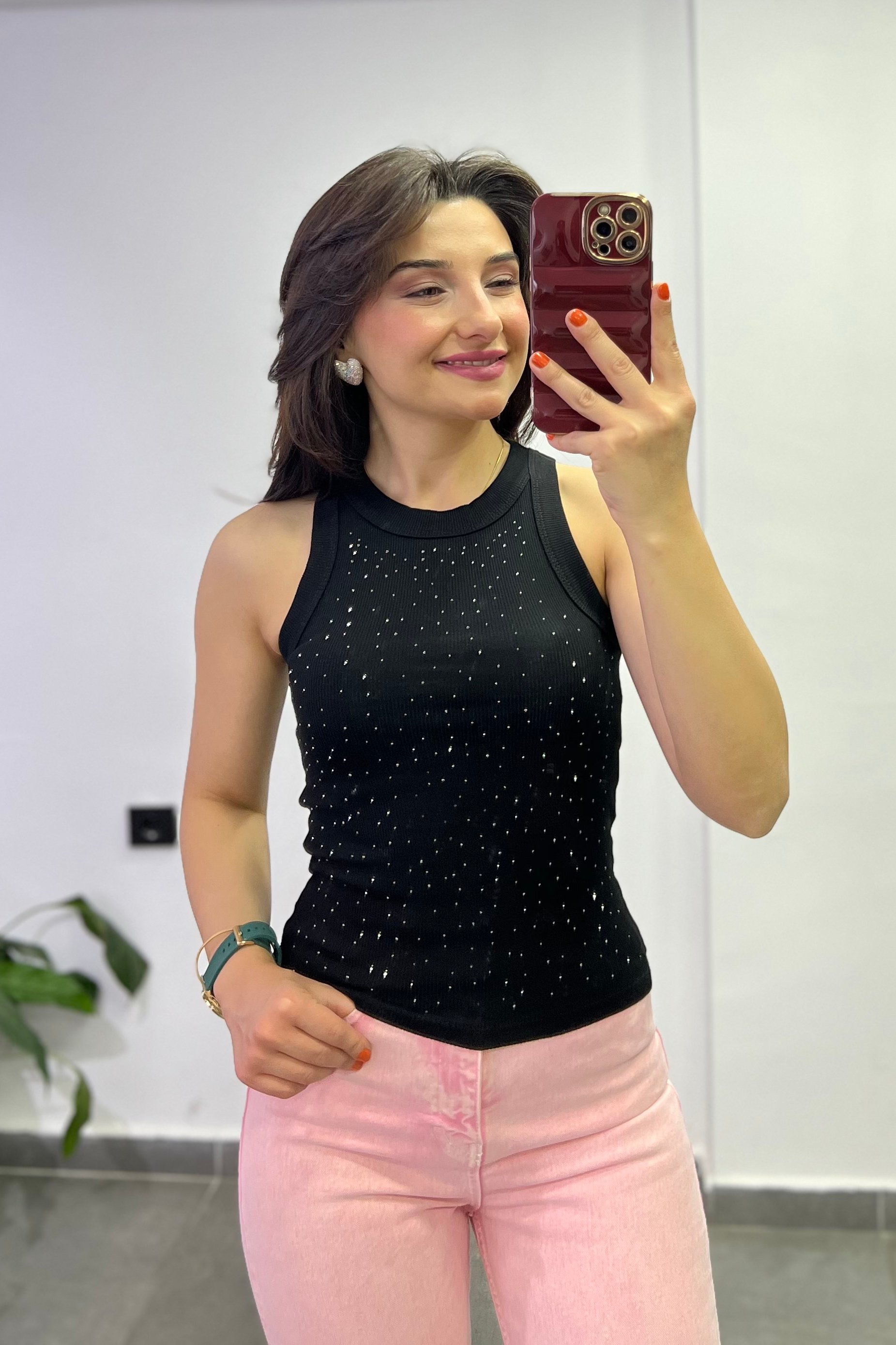 Bisiklet Yaka Halter Kol Önü Taşlı Atlet