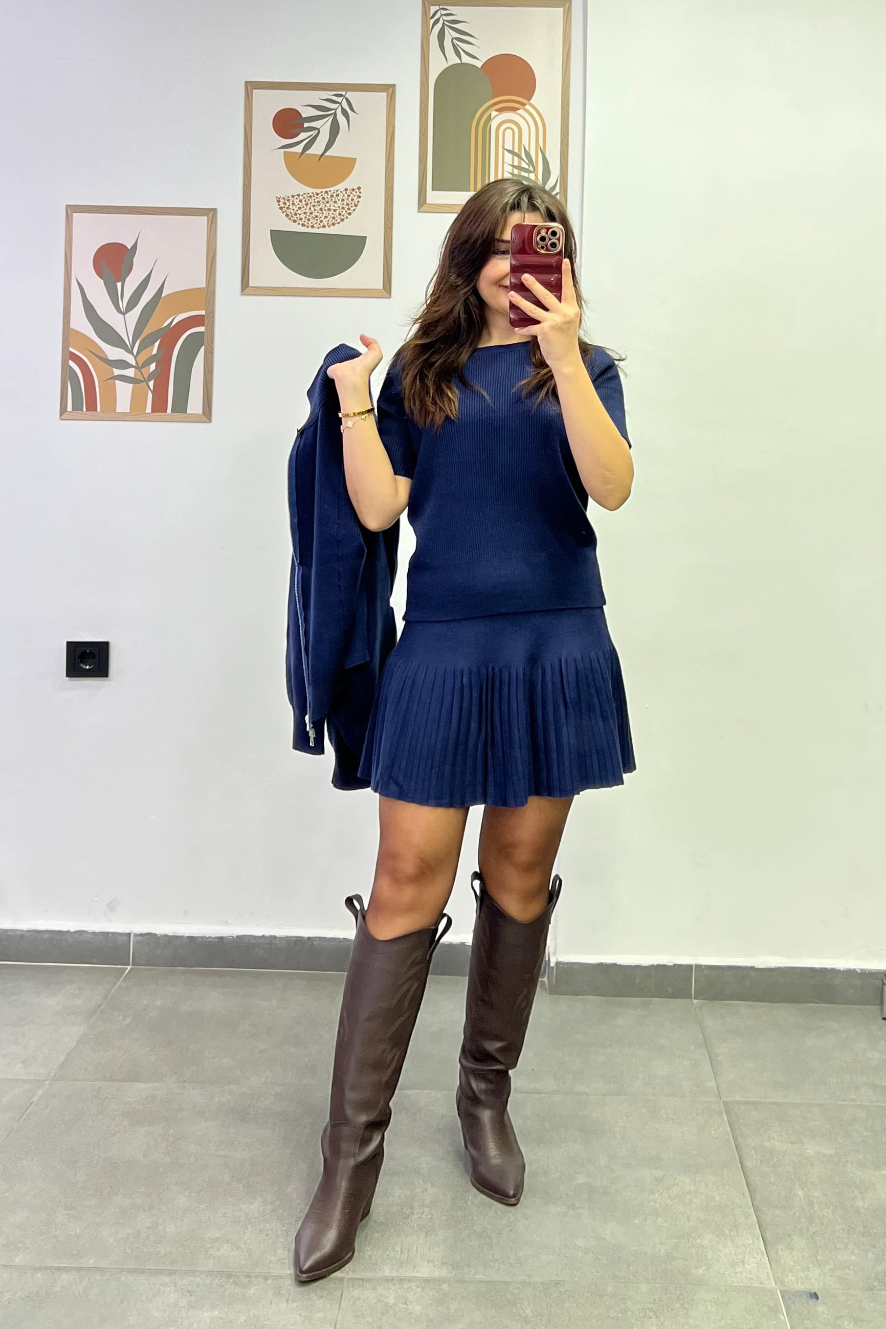 İçi Kısa Kollu Üzeri Fermuarlı Hırka Detaylı Etekli Triko Üçlü Takım - LACİVERT