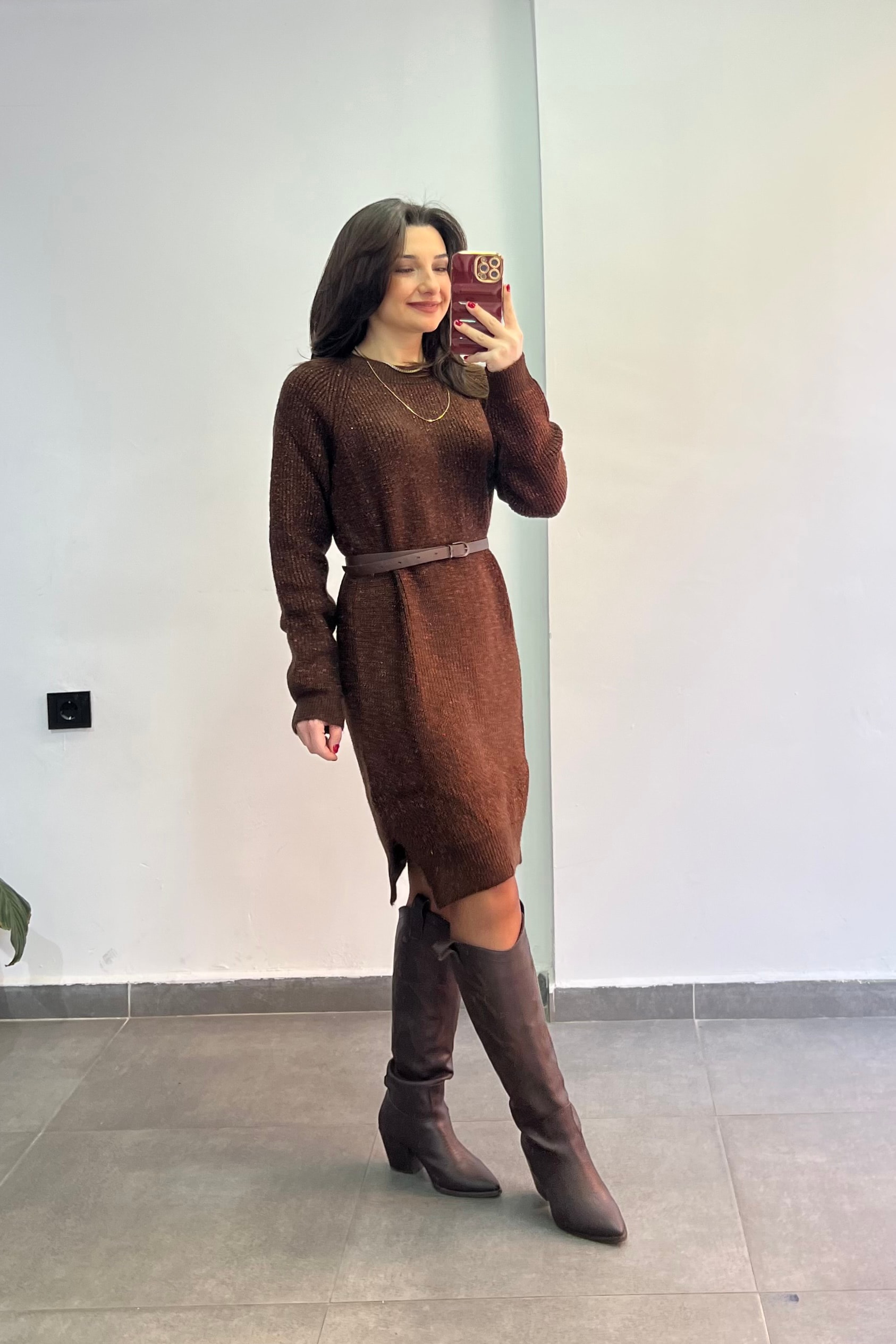 Bisiklet Yaka Simli Örme Elbise