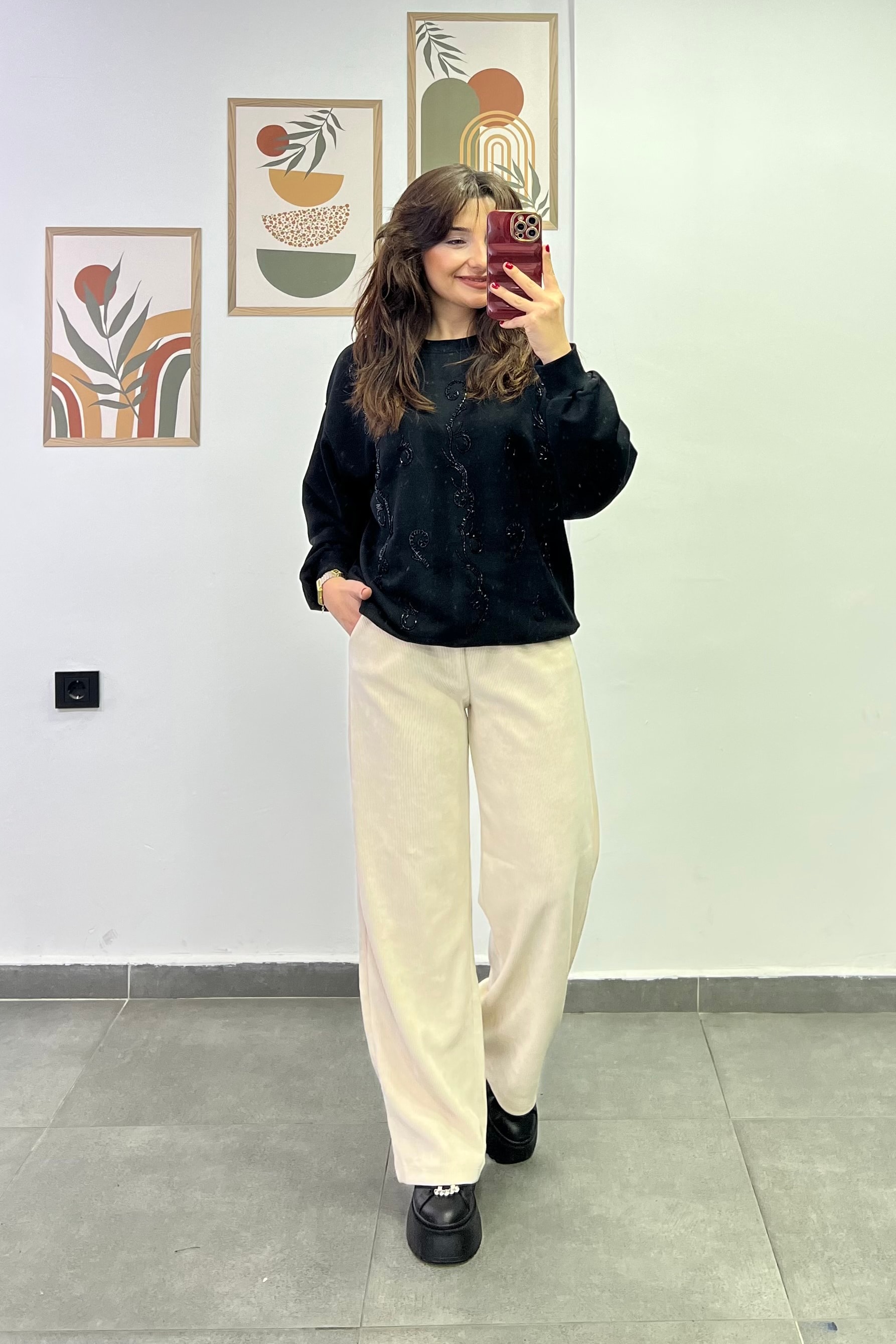 Beli Lastikli Cep Detaylı Bol Paça Fitilli Kadife Pantolon - EKRU